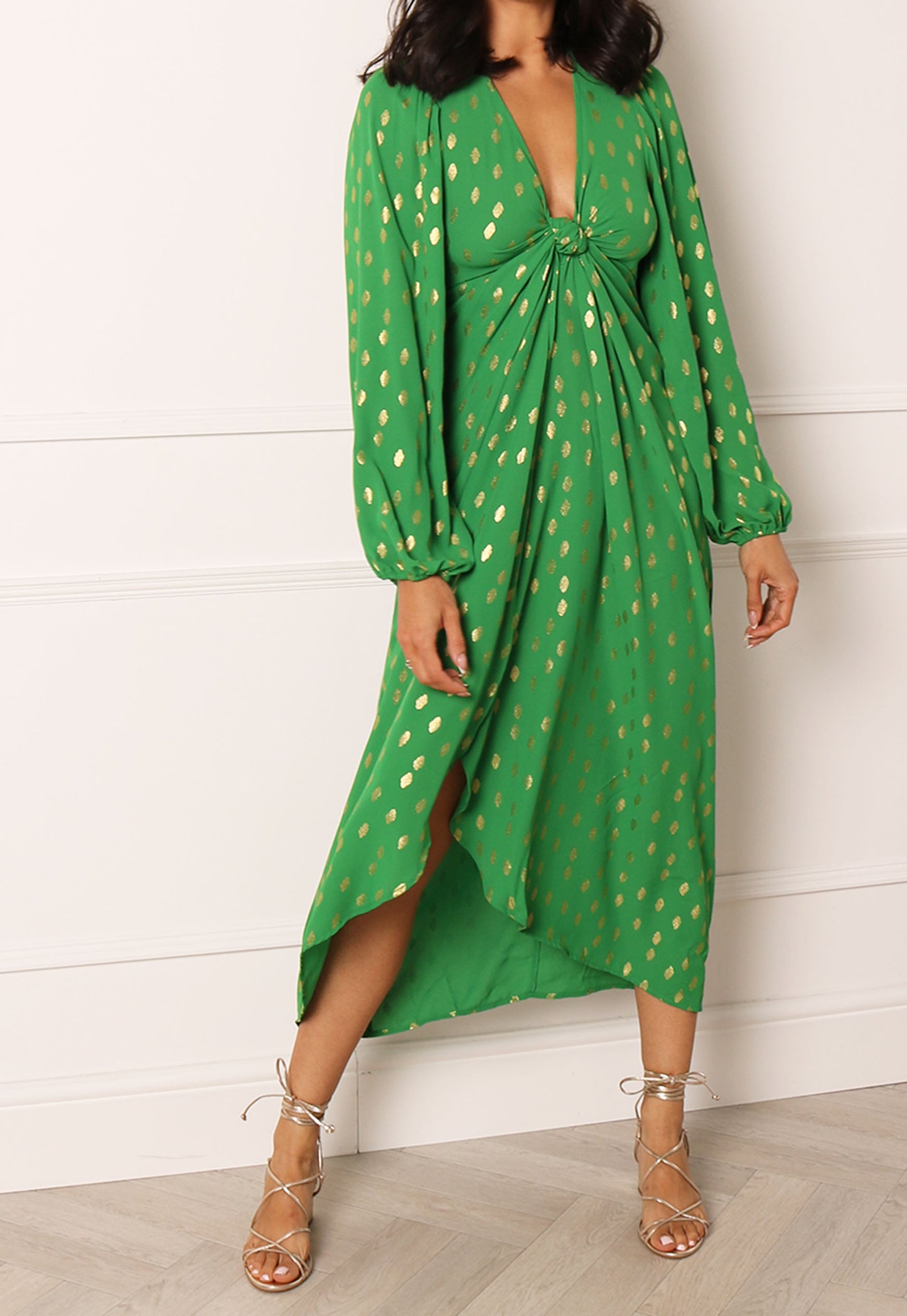 VILA Luca Kimono Knot Front Mid Dress in Green & Gold - One Nation Clothing