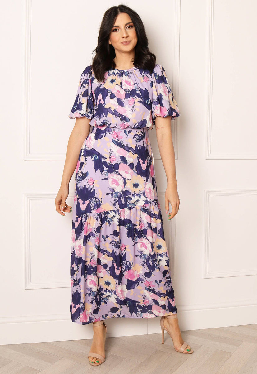 VILA Courtney Floral Print Tiered Hem Maxi Dress in Purple and Lilac ...
