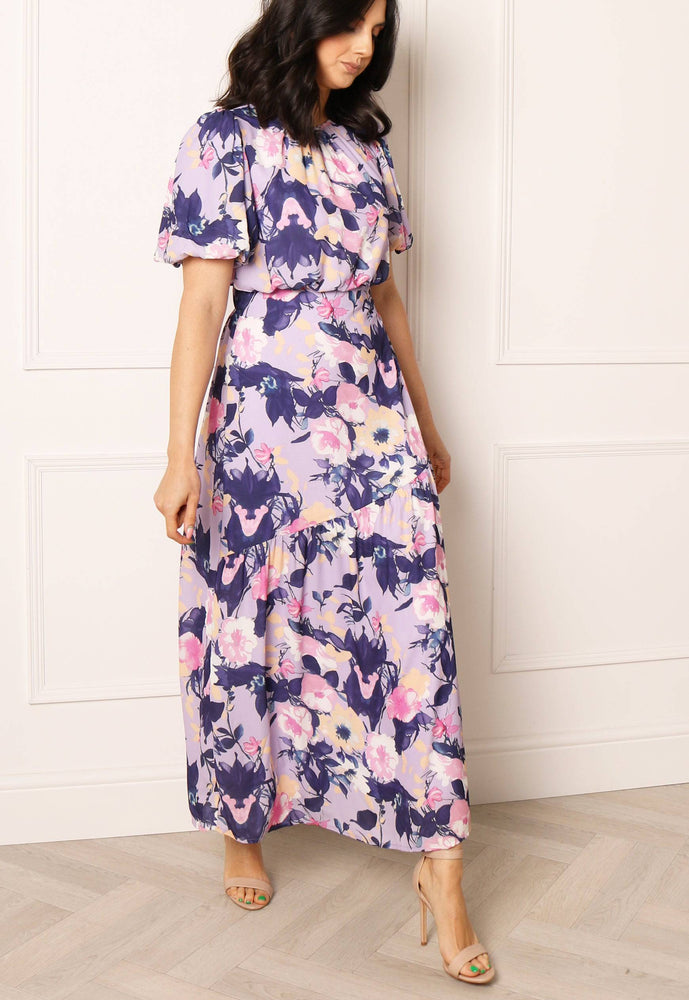 VILA Courtney Floral Print Tiered Hem Maxi Dress in Purple and Lilac - One Nation Clothing