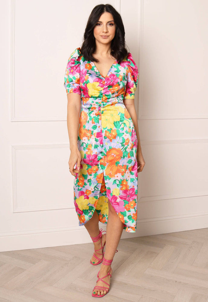 
                  
                    VILA Johanna Bright Floral Print Satin Ruche Front Midi Dress in Multi - One Nation Clothing
                  
                