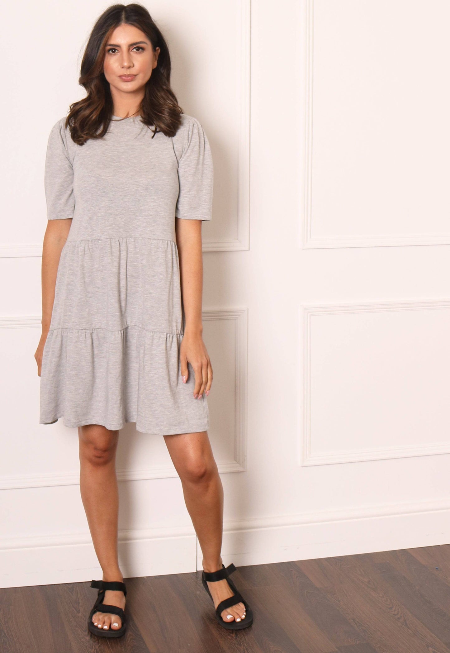 VILA Tiered Jersey Smock Mini Dress in Grey Marl - One Nation Clothing