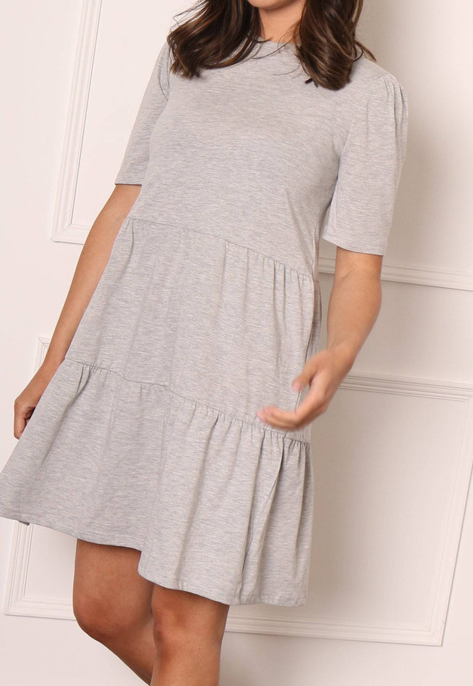 VILA Tiered Jersey Smock Mini Dress in Grey Marl - One Nation Clothing