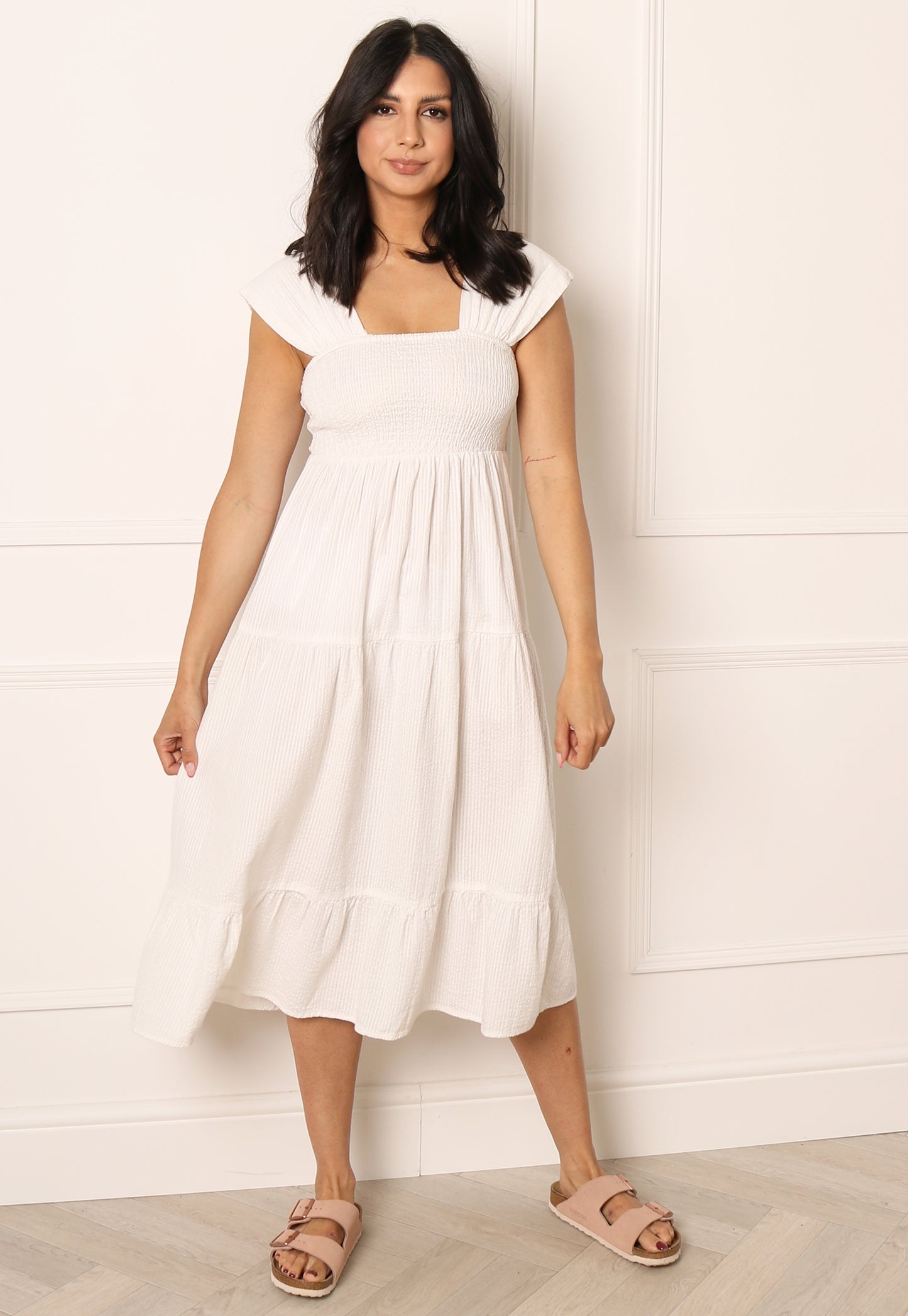 VERO MODA Toni Wide Strap Tiered Cotton Midi Sun Dress in White - One Nation Clothing
