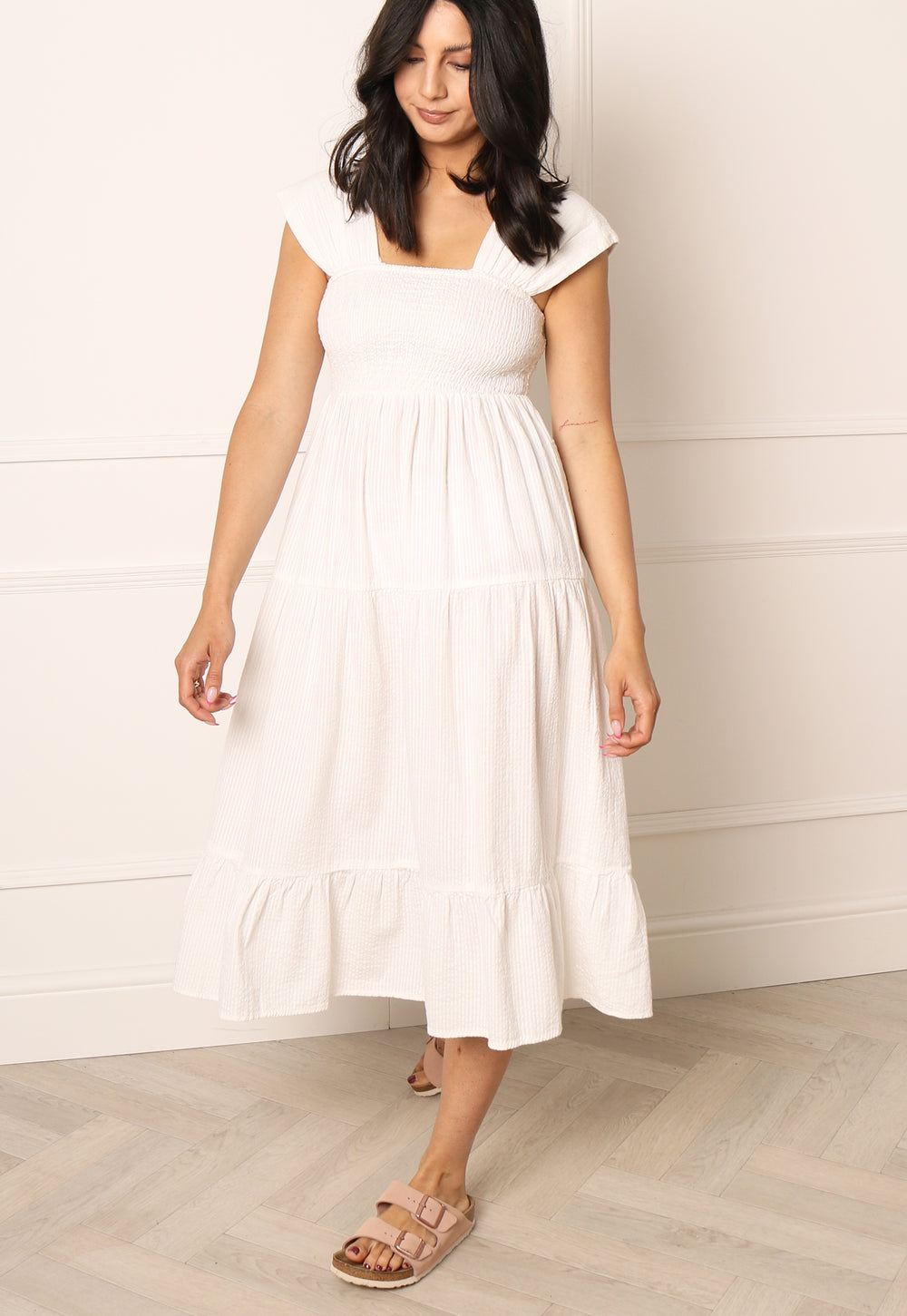 VERO MODA Toni Wide Strap Tiered Cotton Midi Sun Dress in White - One Nation Clothing