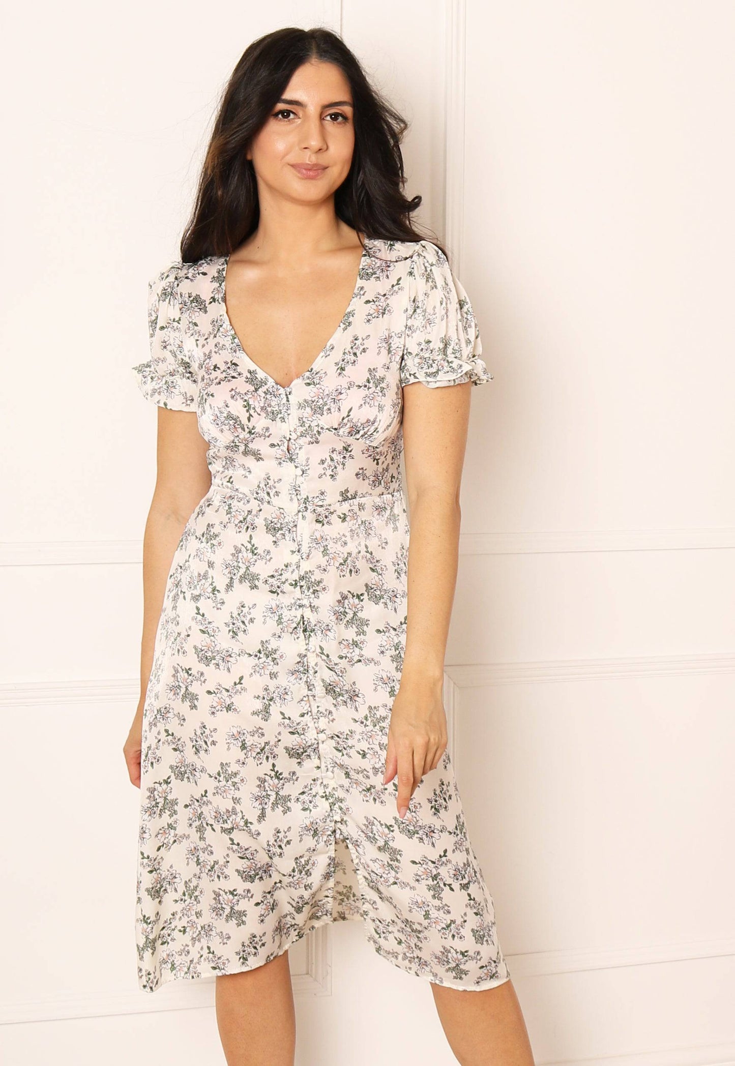 
                  
                    Floral Print Midi Tea Dress with Button Front in Cream - One Nation Clothing
                  
                