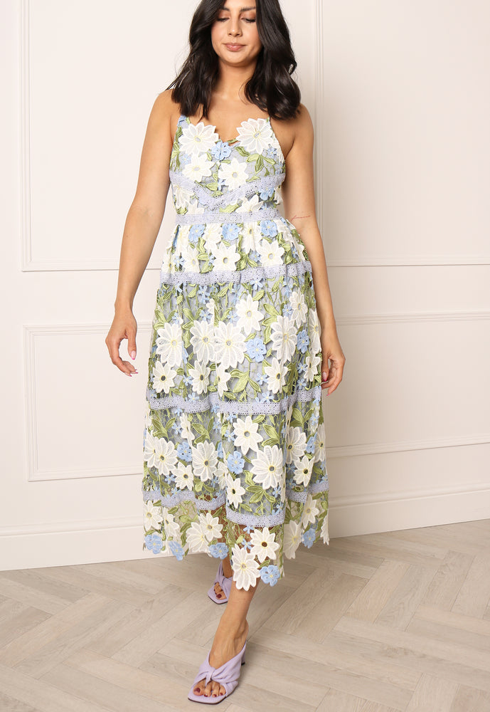 
                  
                    YAS Sun Strappy Floral Lace Appliqué Midi Dress in Blue, White & Green - One Nation Clothing
                  
                