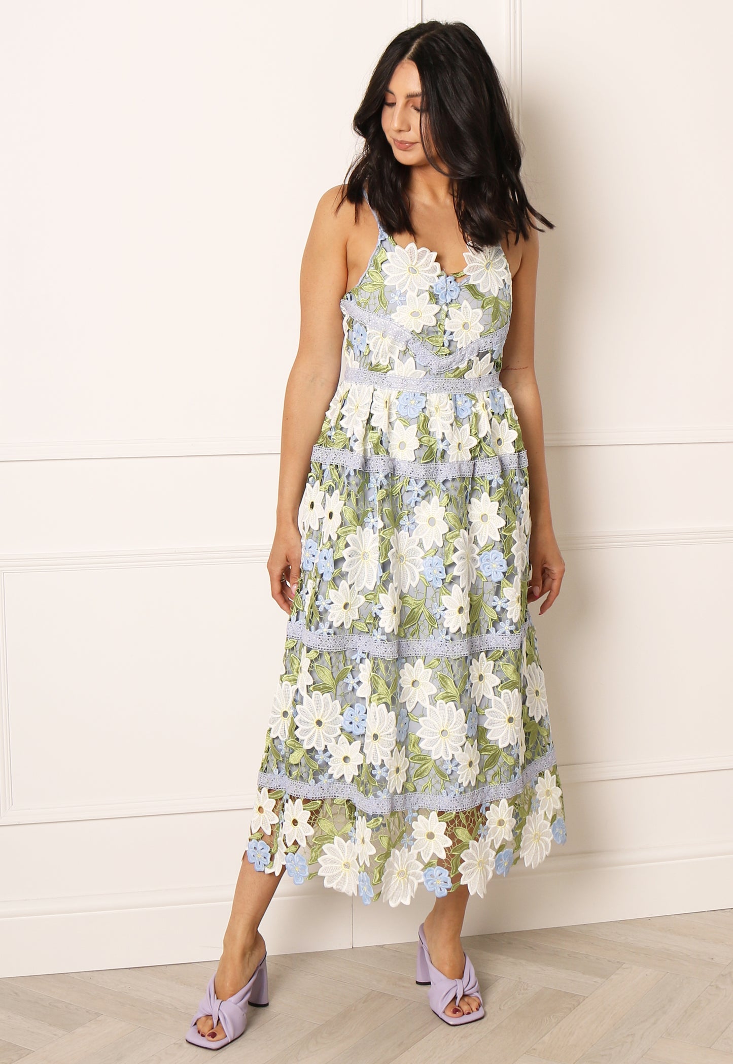 YAS Sun Strappy Floral Lace Appliqué Midi Dress in Blue, White & Green   One Nation Clothing YAS Sun Strappy Floral Lace Appliqué Midi Dress in  Blue, White & Green