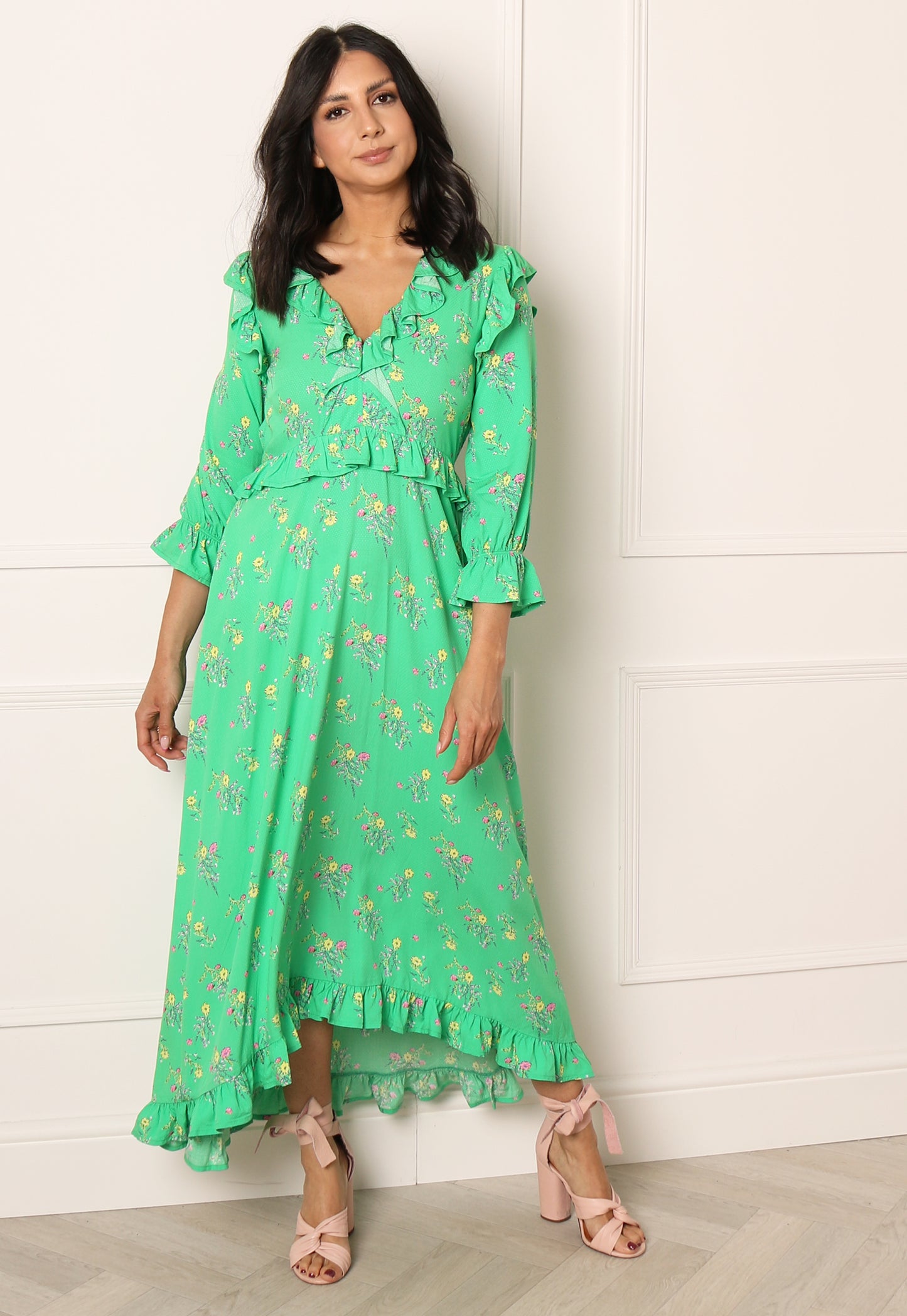 YAS Ofelia Floral Print Midaxi Dress with Frill Details in Bright Green - One Nation Clothing