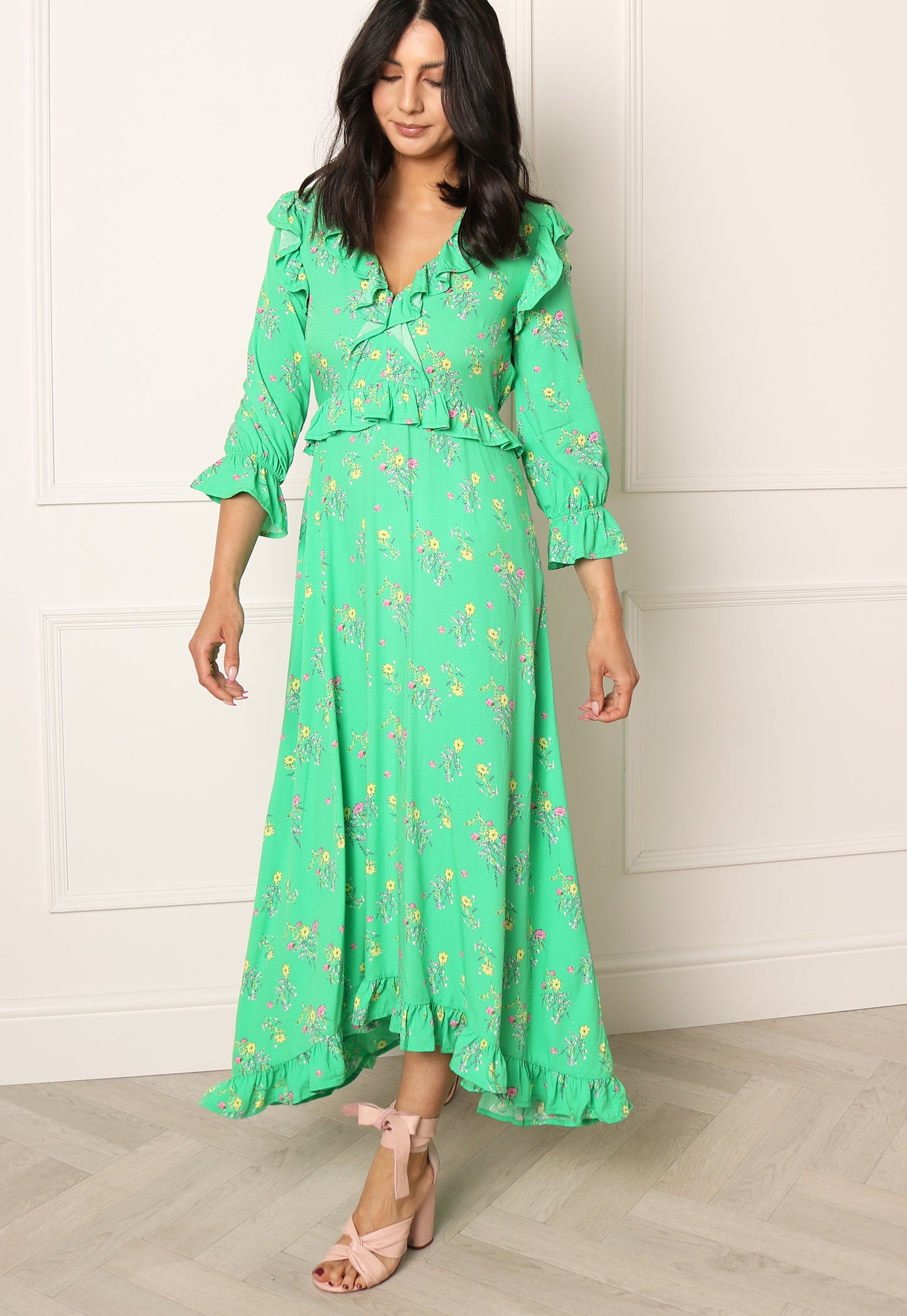 
                  
                    YAS Ofelia Floral Print Midaxi Dress with Frill Details in Bright Green - One Nation Clothing
                  
                