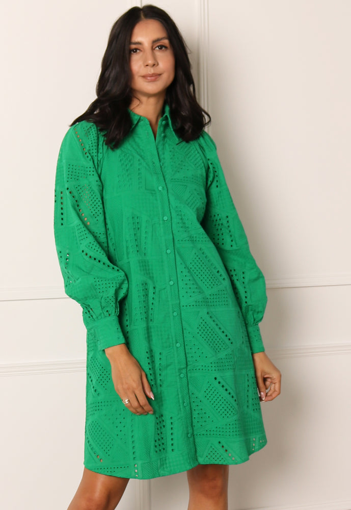 
                  
                    YAS Sado Long Sleeve Broderie Anglaise Shirt Dress in Bright Green - One Nation Clothing
                  
                
