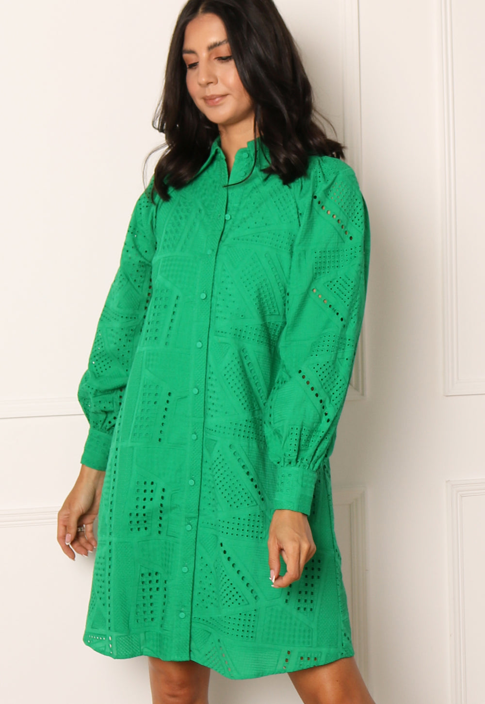 YAS Sado Long Sleeve Broderie Anglaise Shirt Dress in Bright Green | One  Nation Clothing YAS Sado Long Sleeve Broderie Anglaise Shirt Dress in  Bright Green