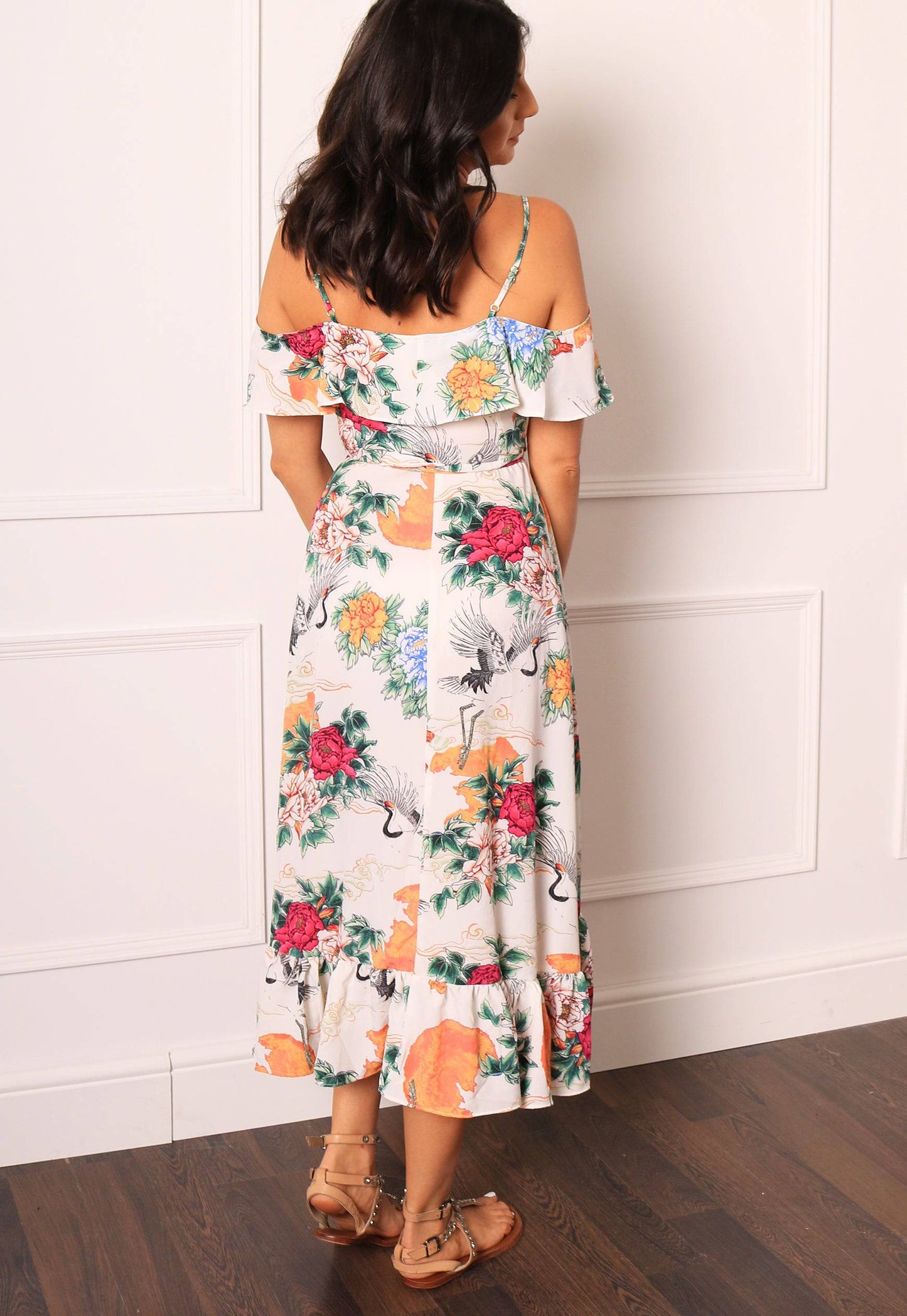 
                  
                    Strappy Cold Shoulder Frill Wrap Midi Dress with Floral & Bird Print in Cream, Pink & Orange - One Nation Clothing
                  
                