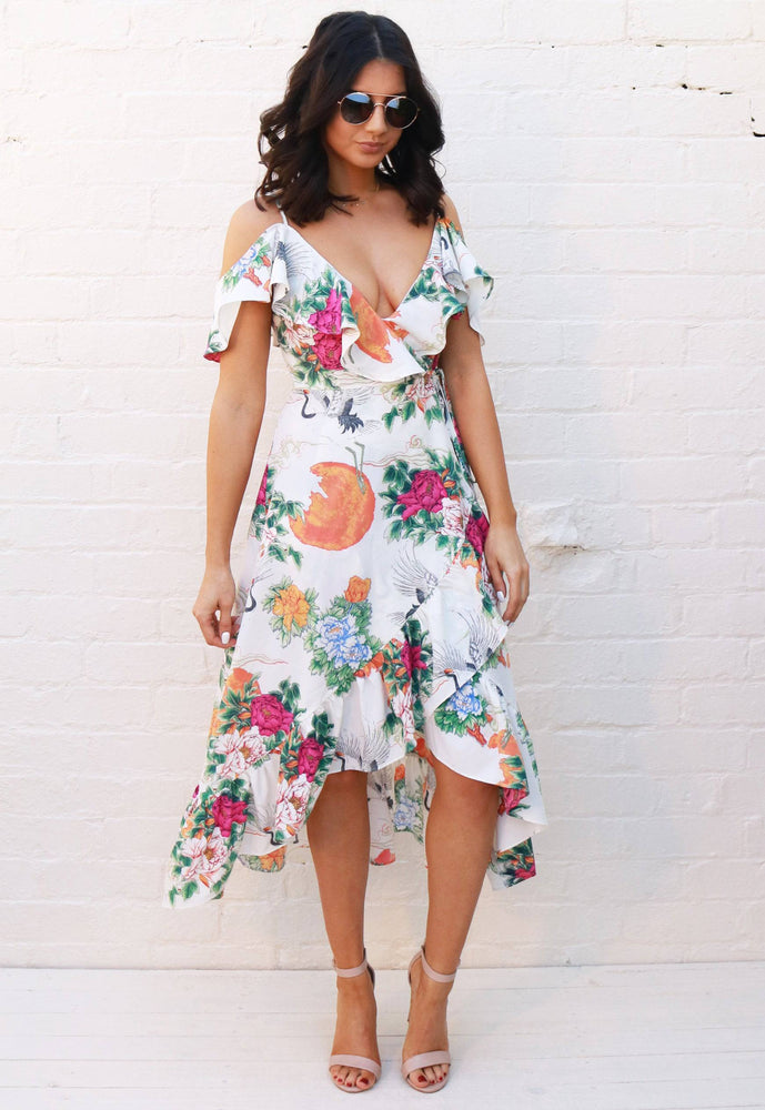
                  
                    Strappy Cold Shoulder Frill Wrap Midi Dress with Floral & Bird Print in Cream, Pink & Orange - One Nation Clothing
                  
                