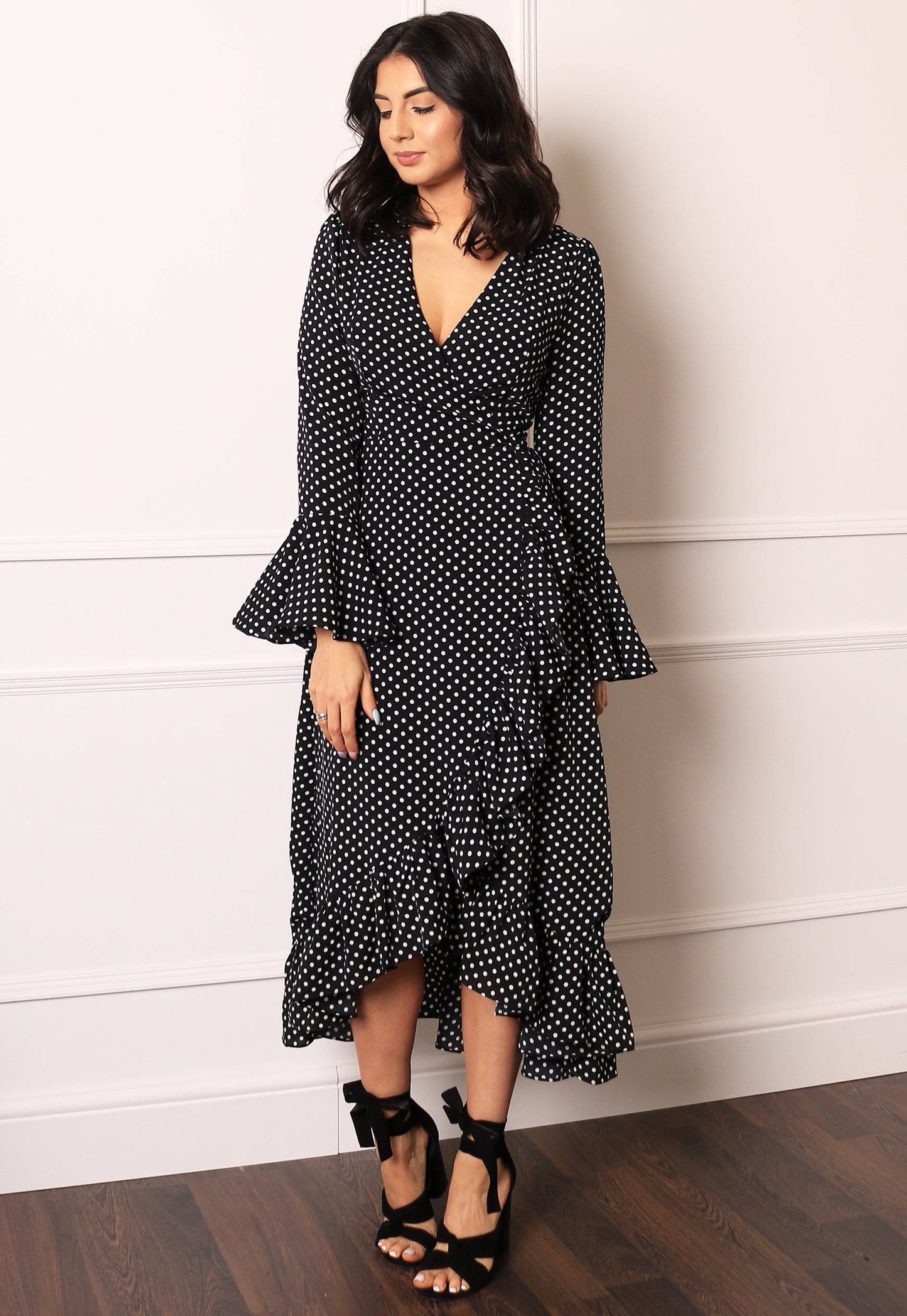 
                  
                    Long Sleeve Polka Dot Frill Wrap Maxi Dress in Black & White - One Nation Clothing
                  
                