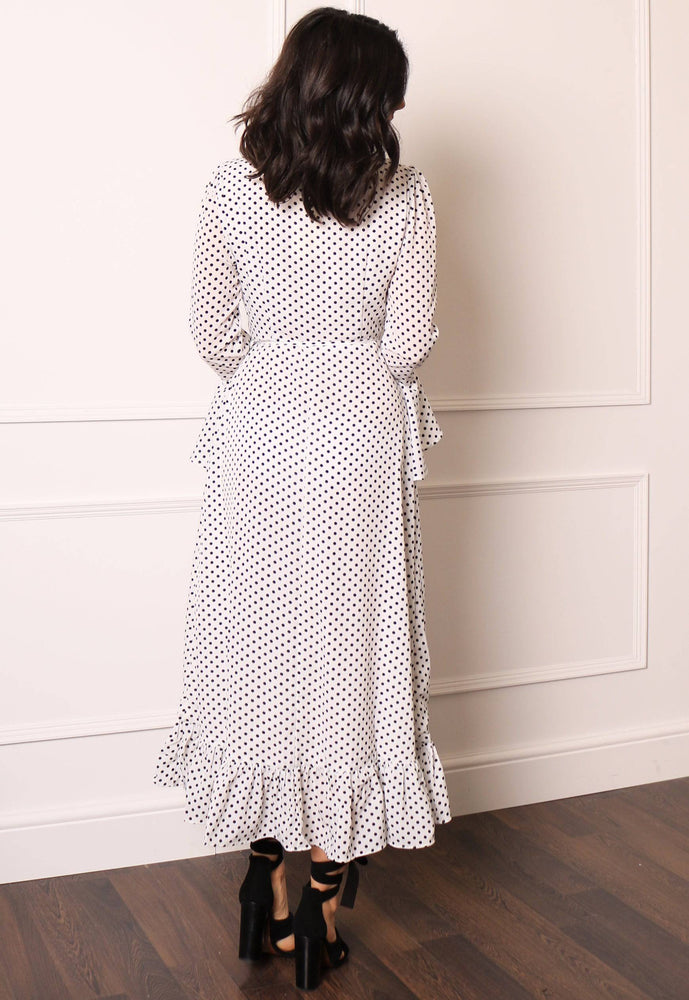 
                  
                    Long Sleeve Polka Dot Frill Wrap Maxi Dress in White & Black - One Nation Clothing
                  
                