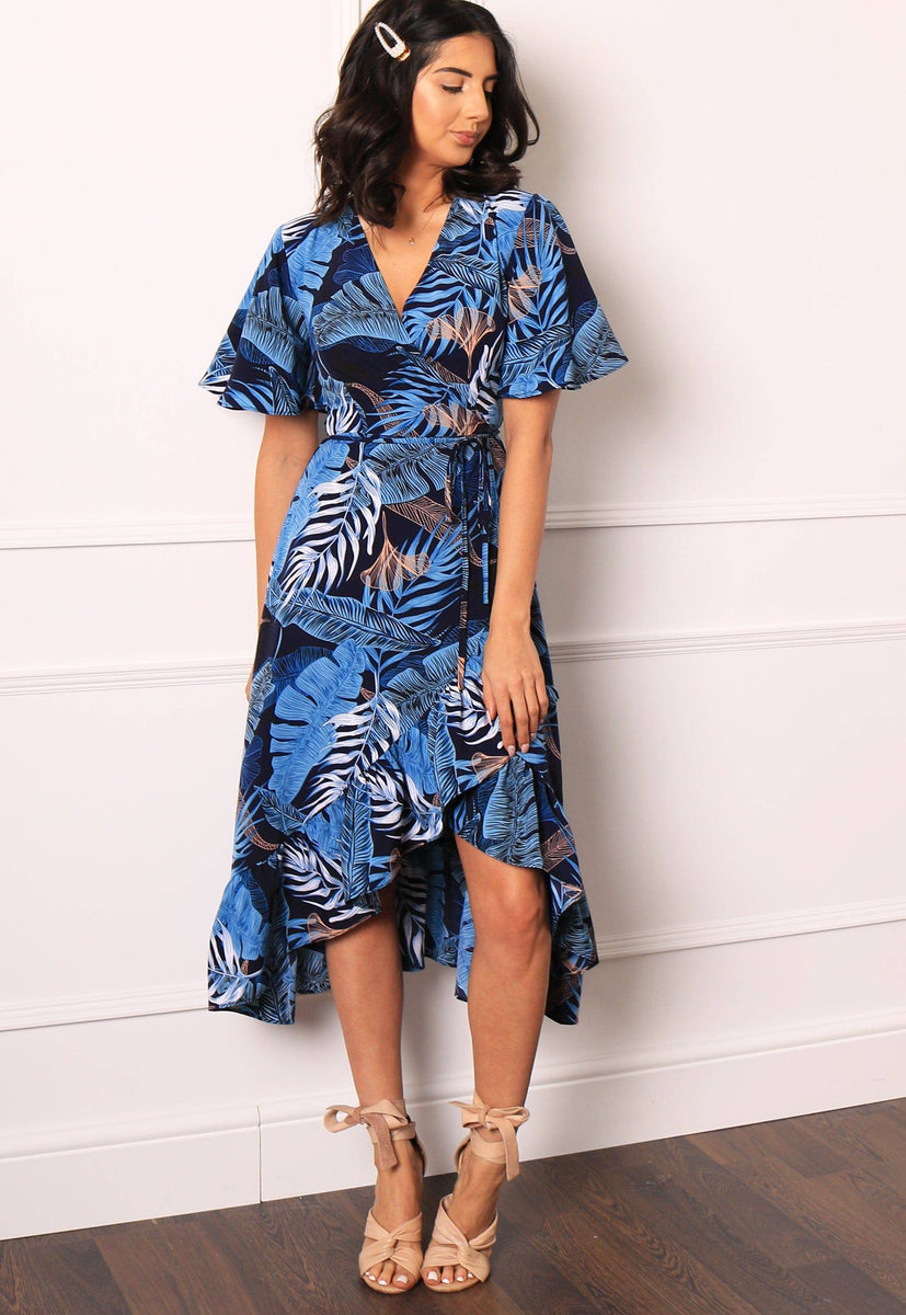 Palm Leaf Print Wrap Over Midi Dress with Frill Skirt & Short Angel ...