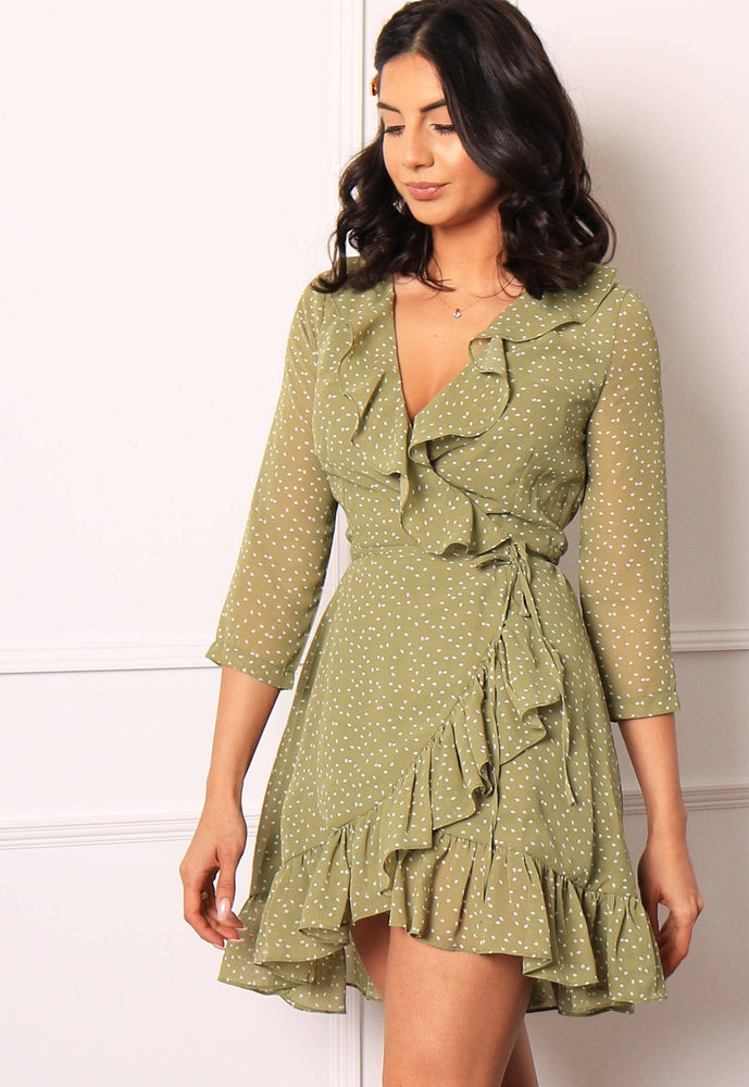 Teardrop Spot Three Quarter Sleeve Frill Edge Wrap Over Mini Dress in Sage Green & White - One Nation Clothing