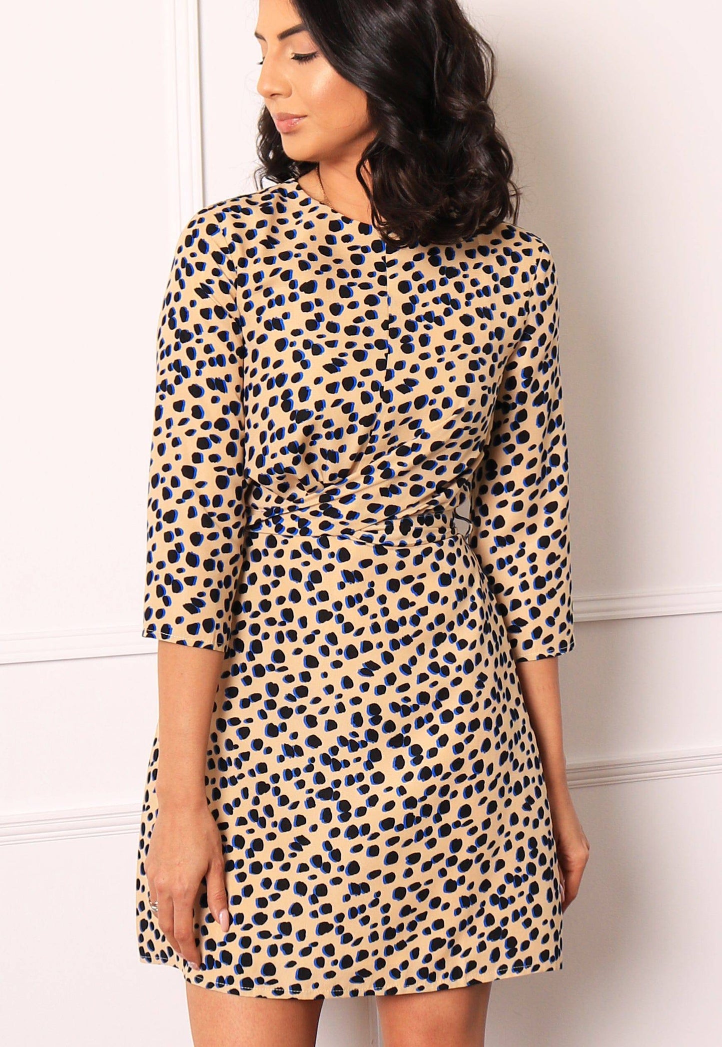 Dalmatian Spot Print Twist Belted Mini Dress with Skater Skirt in Beige, Black & Blue - One Nation Clothing