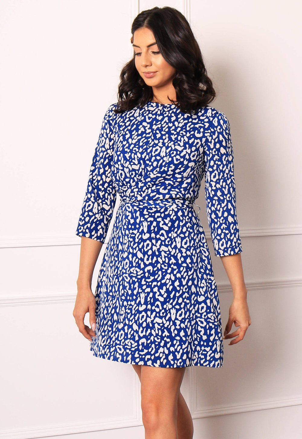 Leopard Print Twist Belted Mini Dress with Skater Skirt in Blue & White - One Nation Clothing