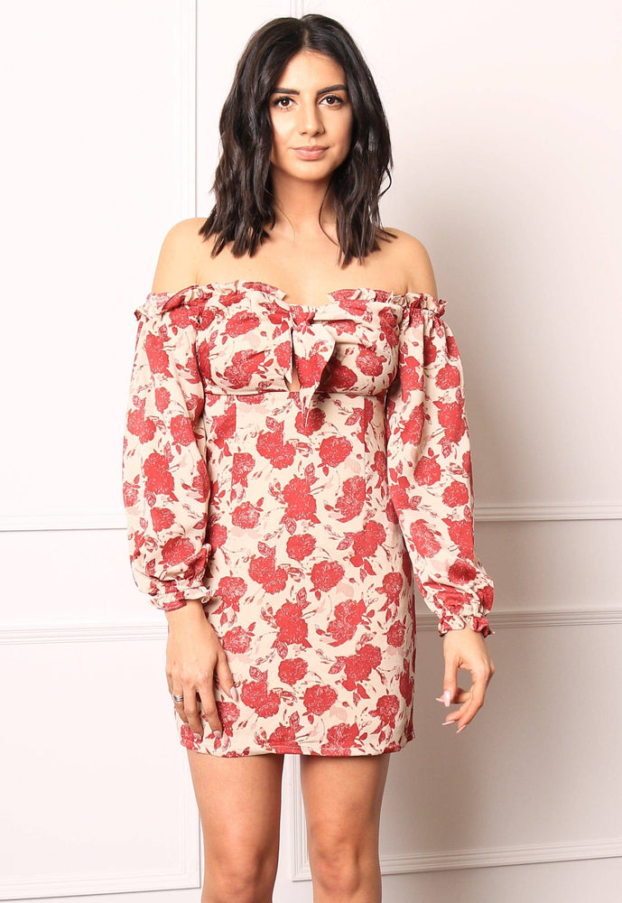 
                  
                    GLAMOROUS Vintage Floral Bardot Off The Shoulder Mini Dress with Long Sleeves & Cut Out Detail in Cream & Dark Red - One Nation Clothing
                  
                
