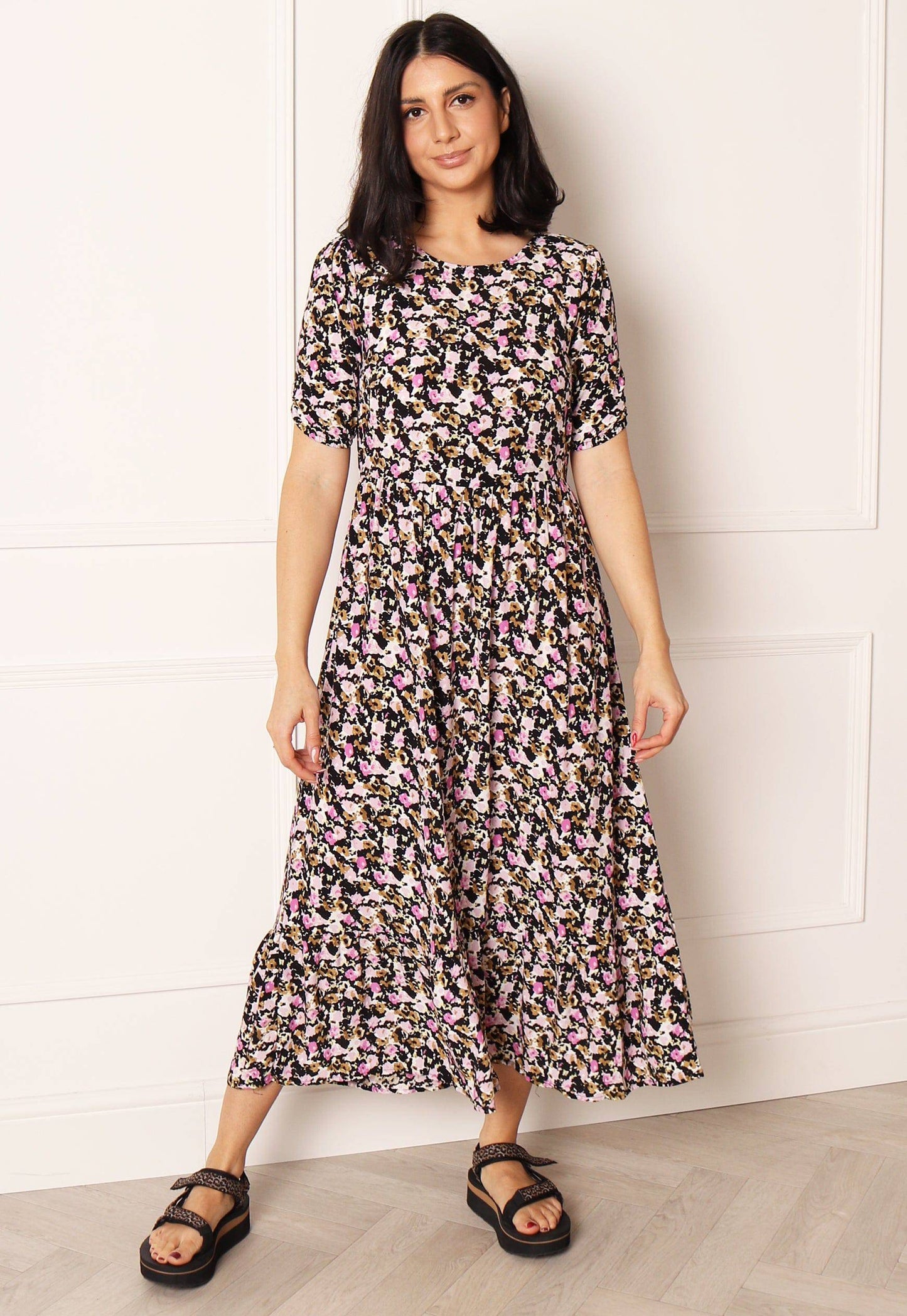ONLY Roxy Floral Smock Midi Dress in Black & Pink - One Nation Clothing