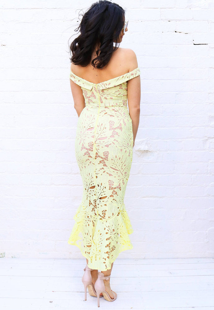
                  
                    Off The Shoulder Short Sleeve Fishtail Leaf Cutwork Lace Midi Dress in Lemon & Nude - One Nation Clothing
                  
                