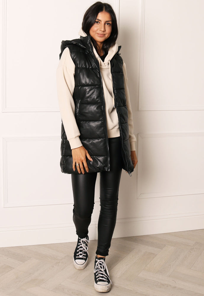 ONLY Anja Faux Leather Sleeveless Puffer Gilet with Hood in Black - One Nation Clothing