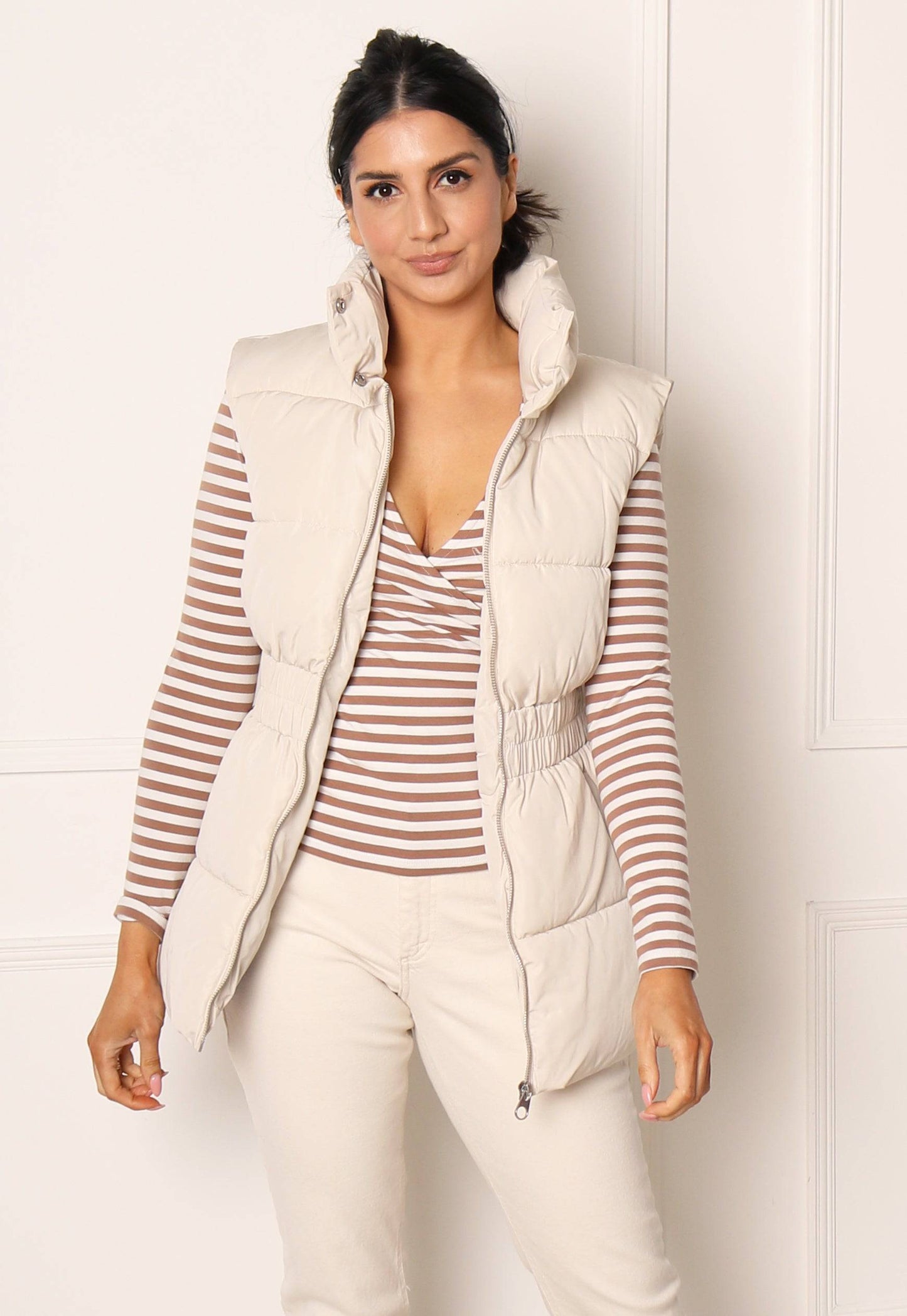 JDY Imagine Short Puffer Puffer Gilet with Waist Detail in Cream - One Nation Clothing