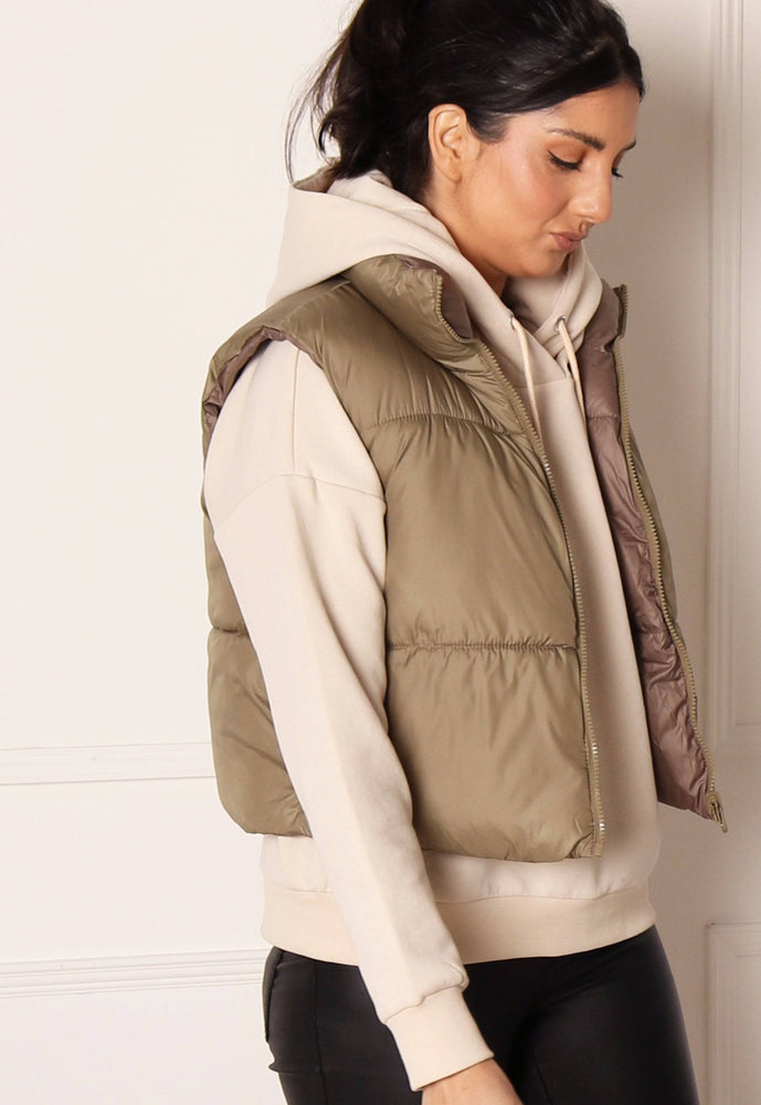 ONLY Ricky Reversible Cropped Puffer Gilet in Khaki - One Nation Clothing