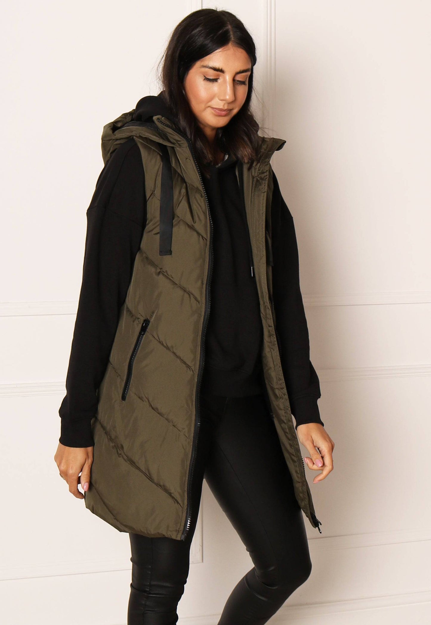 JDY Skylar Chevron Quilted Puffer Gilet with Hood in Khaki - One Nation Clothing