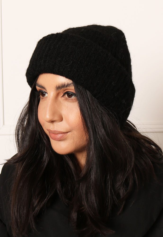 PIECES Fluffy Knit Ribbed Turn Up Beanie Hat in Black - One Nation Clothing