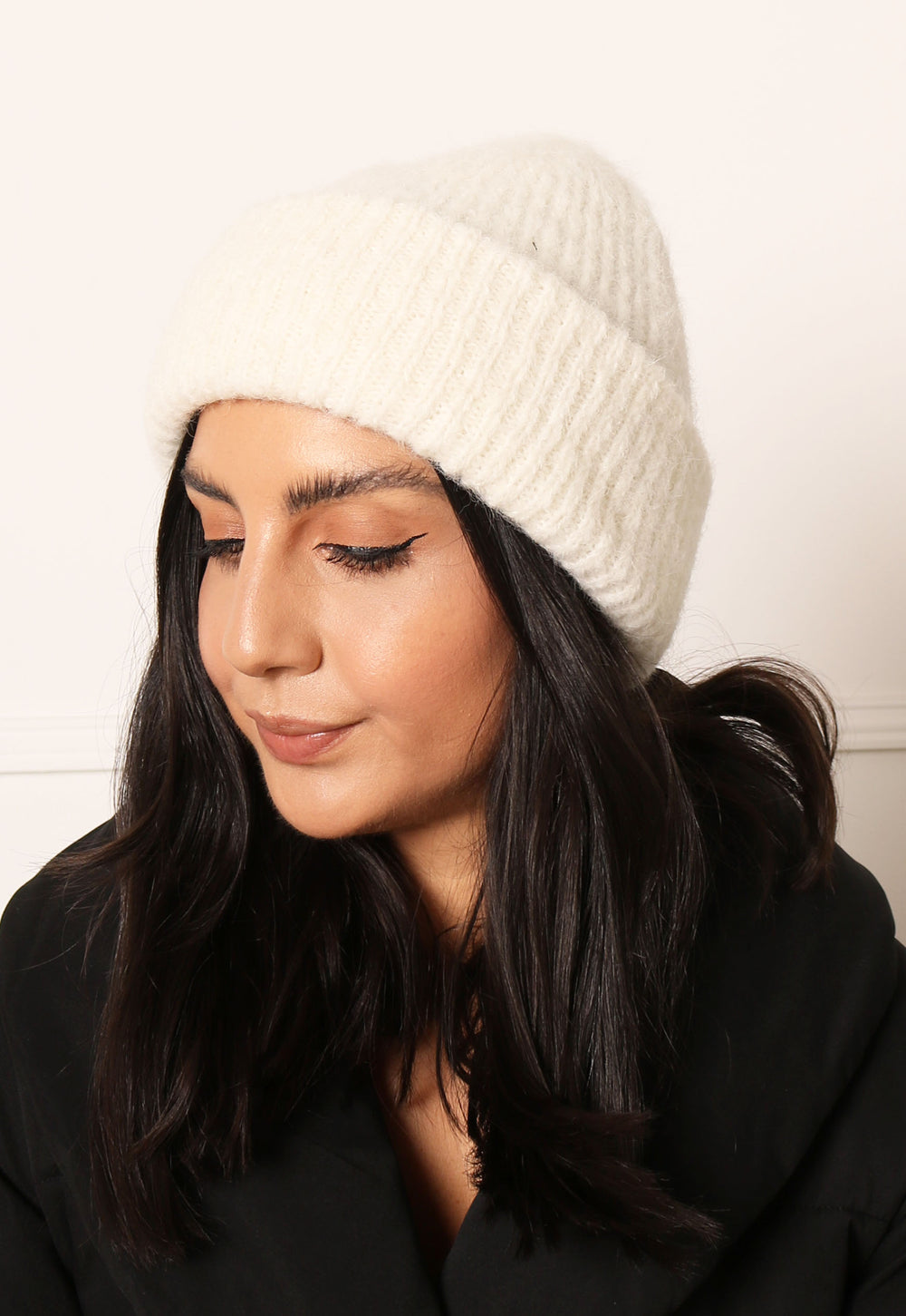 PIECES Fluffy Knit Ribbed Turn Up Beanie Hat in Soft Cream - One Nation Clothing