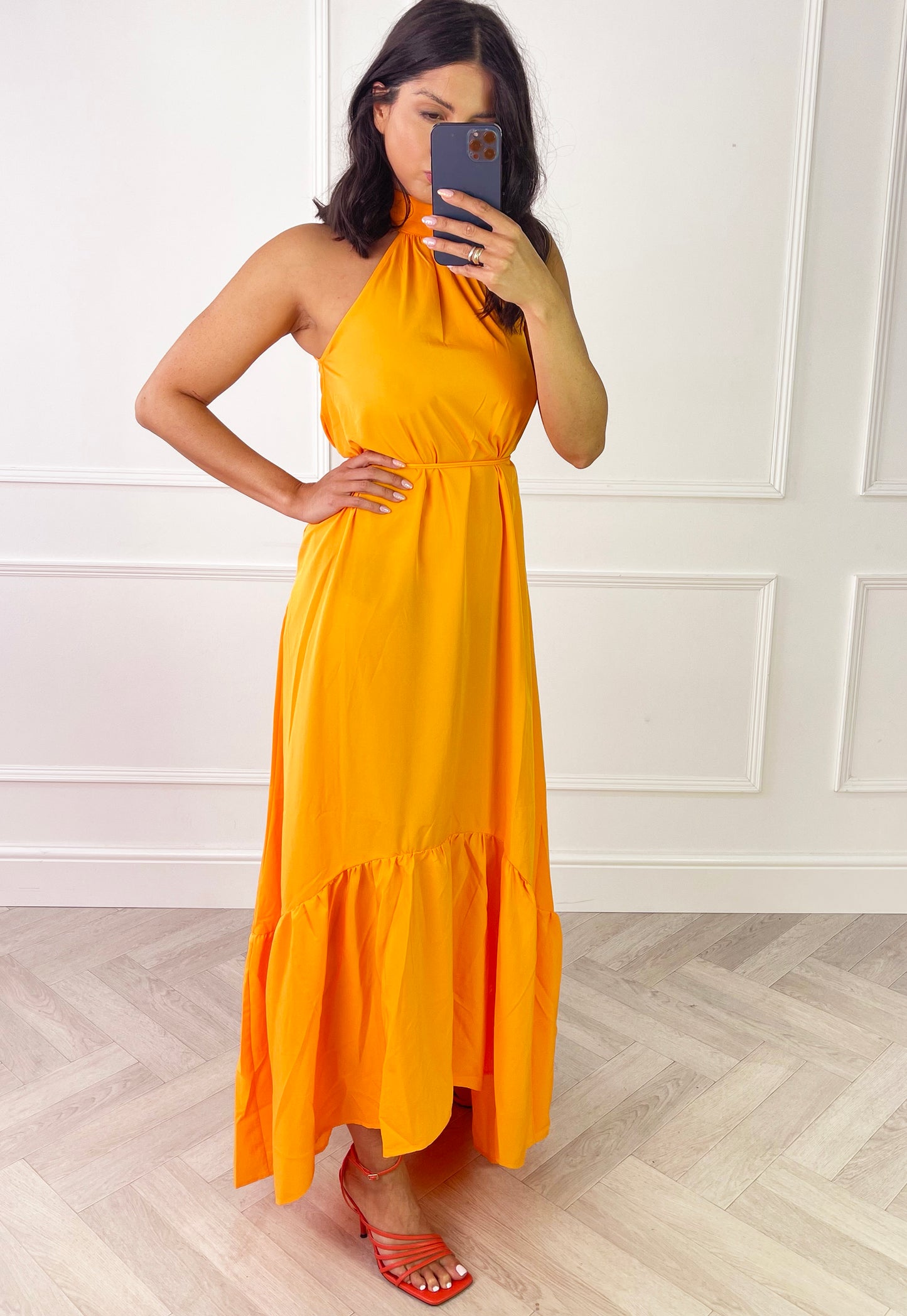 ONLY Laura High Halter Neck Floaty Maxi Dress in Orange - One Nation Clothing