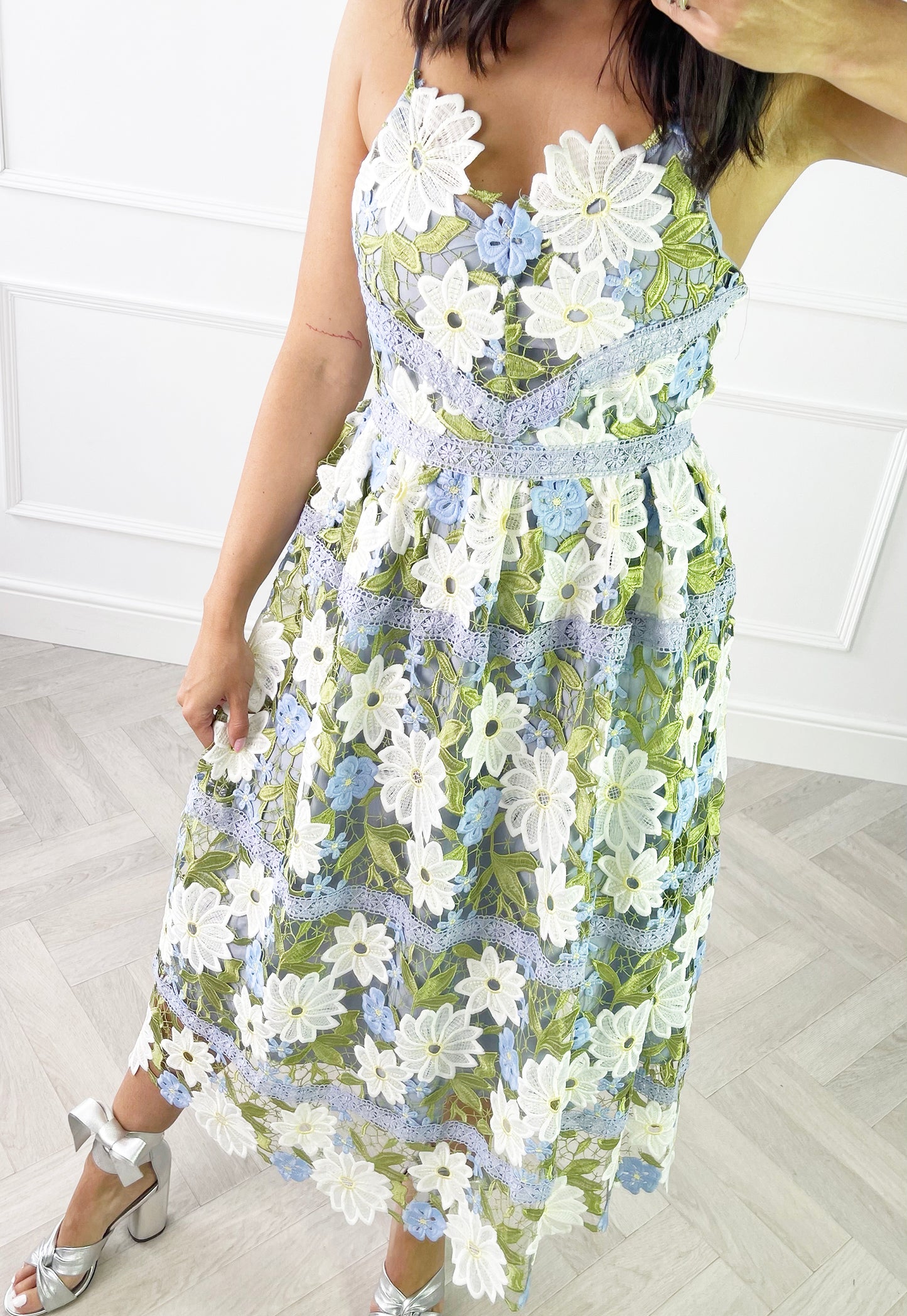 YAS Sun Strappy Floral Lace Appliqué Midi Dress in Blue, White & Green - One Nation Clothing