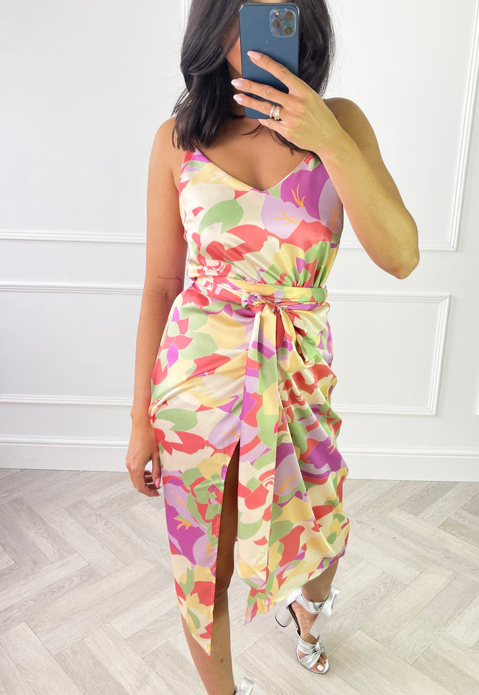 Printed Satin Wrap Midi Skirt in Pastel Pink & Yellow Floral - One Nation Clothing