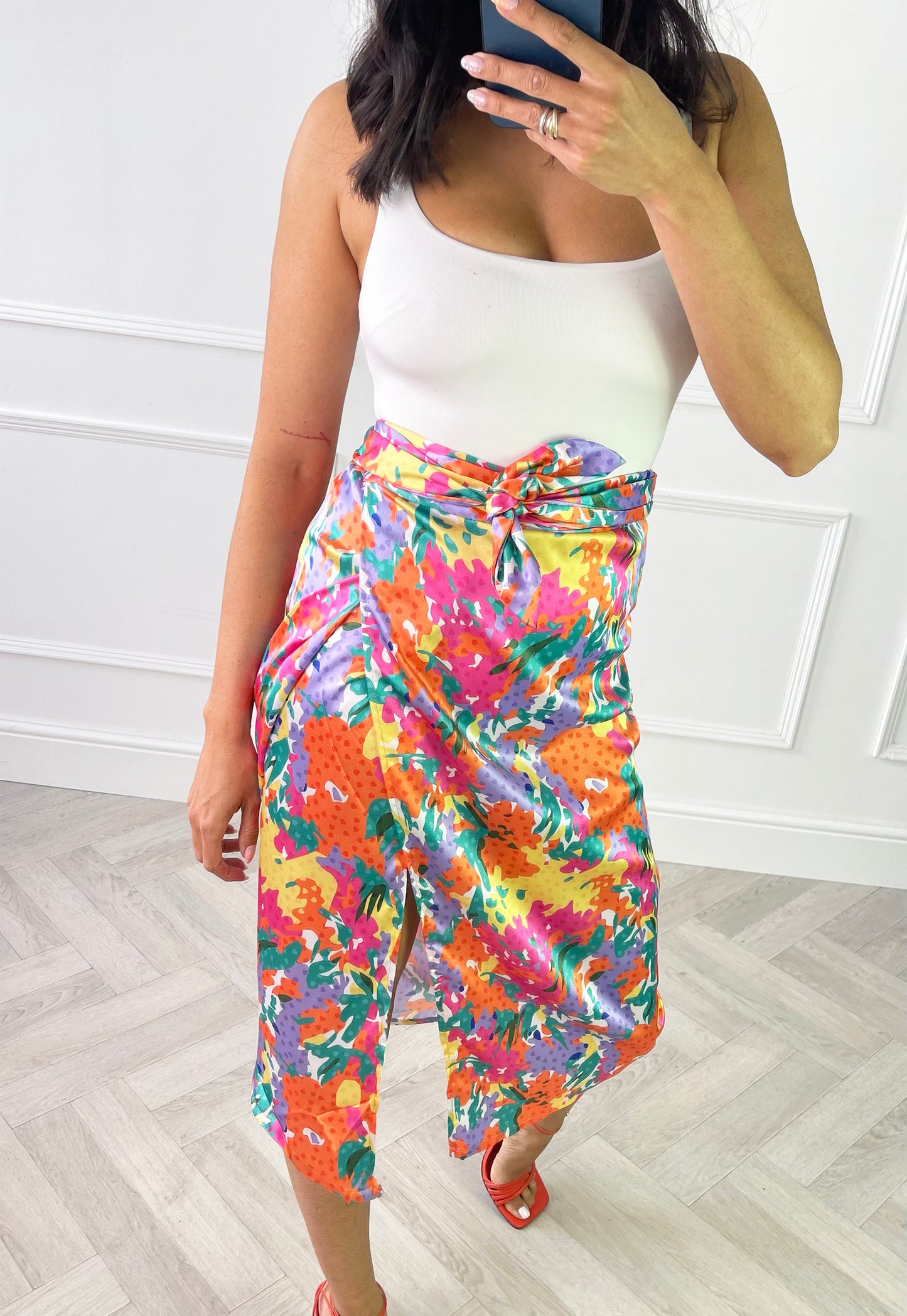 
                  
                    Printed Satin Wrap Midi Skirt in Bright Multi Floral - One Nation Clothing
                  
                