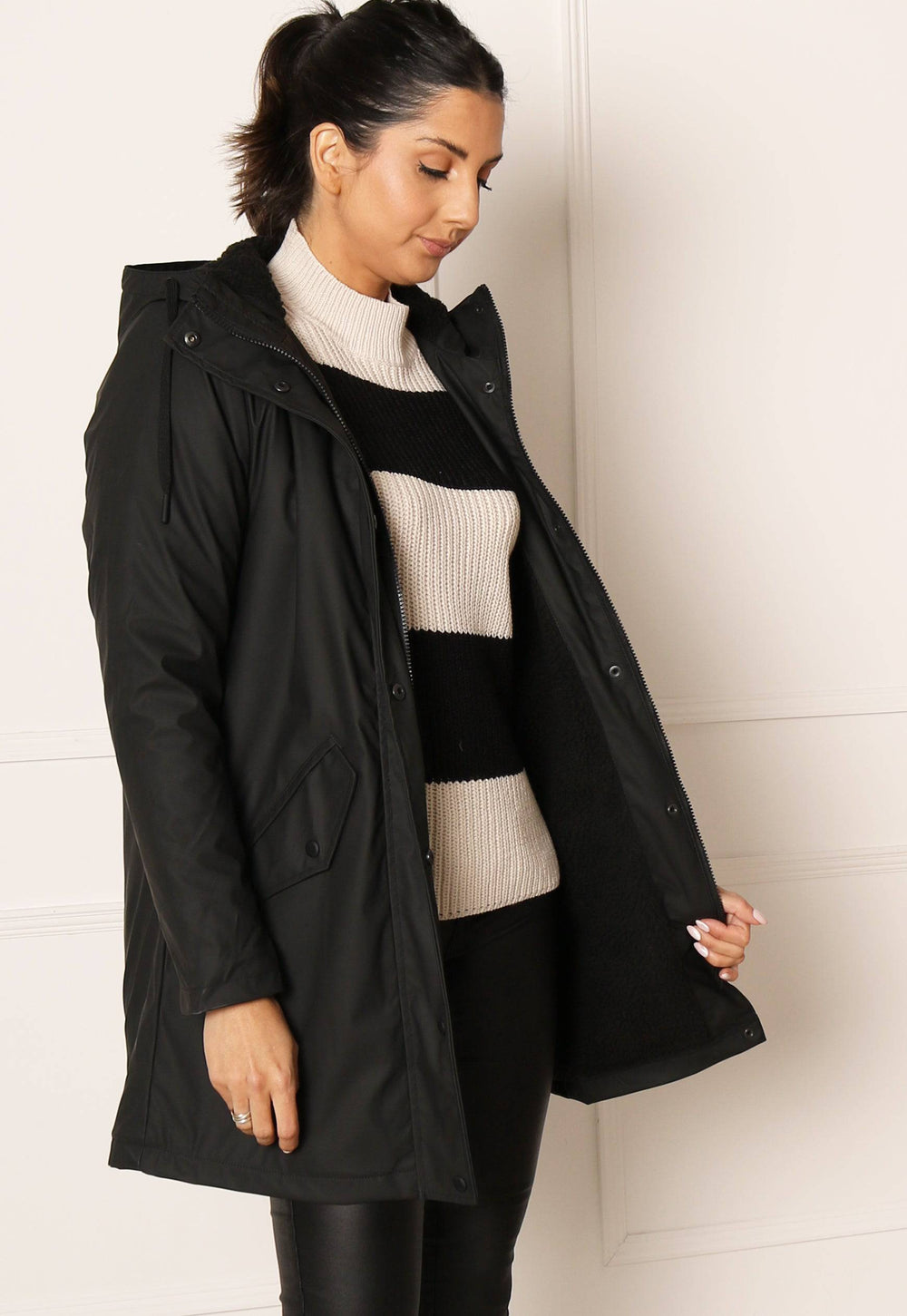 ONLY Sally Rubberised Matte Hooded Raincoat Mac with Shearling Lining in Black - One Nation Clothing