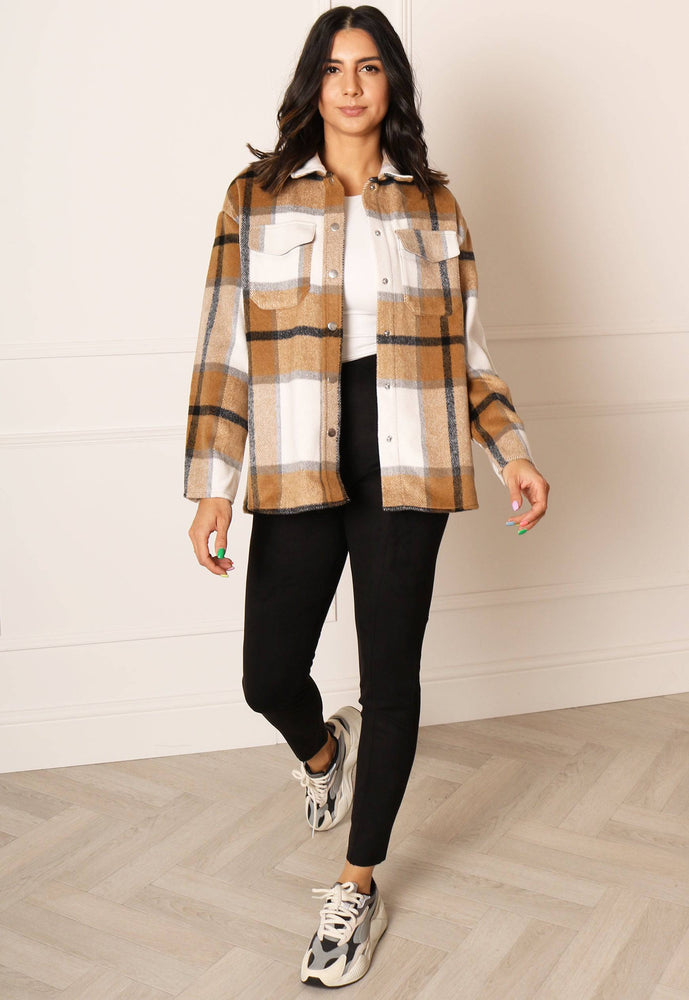 
                  
                    ONLY Maci Oversized Brushed Check Shacket with Curve Hem in Brown & White - One Nation Clothing
                  
                