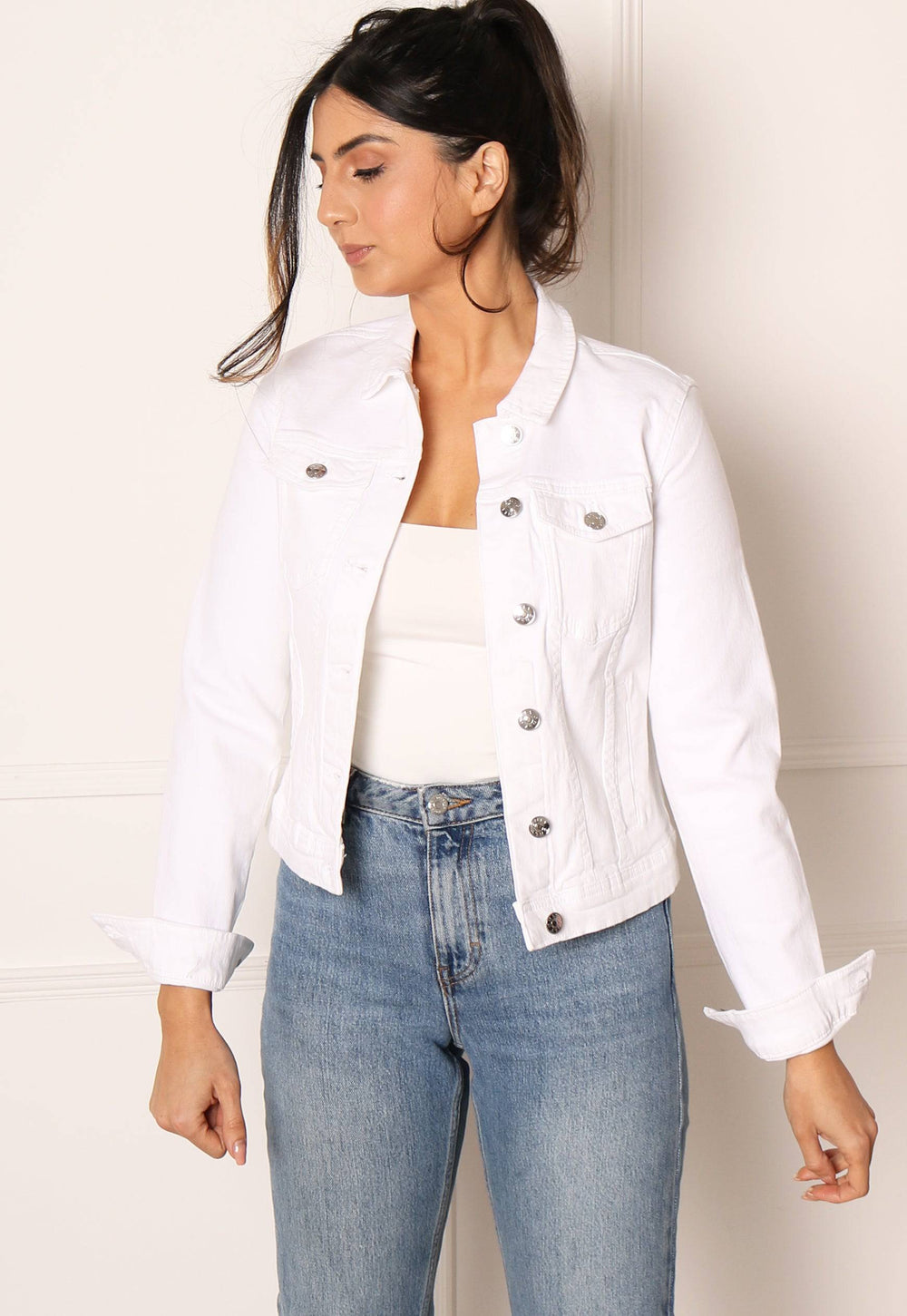 ONLY Tia Classic Denim Jacket in White - One Nation Clothing