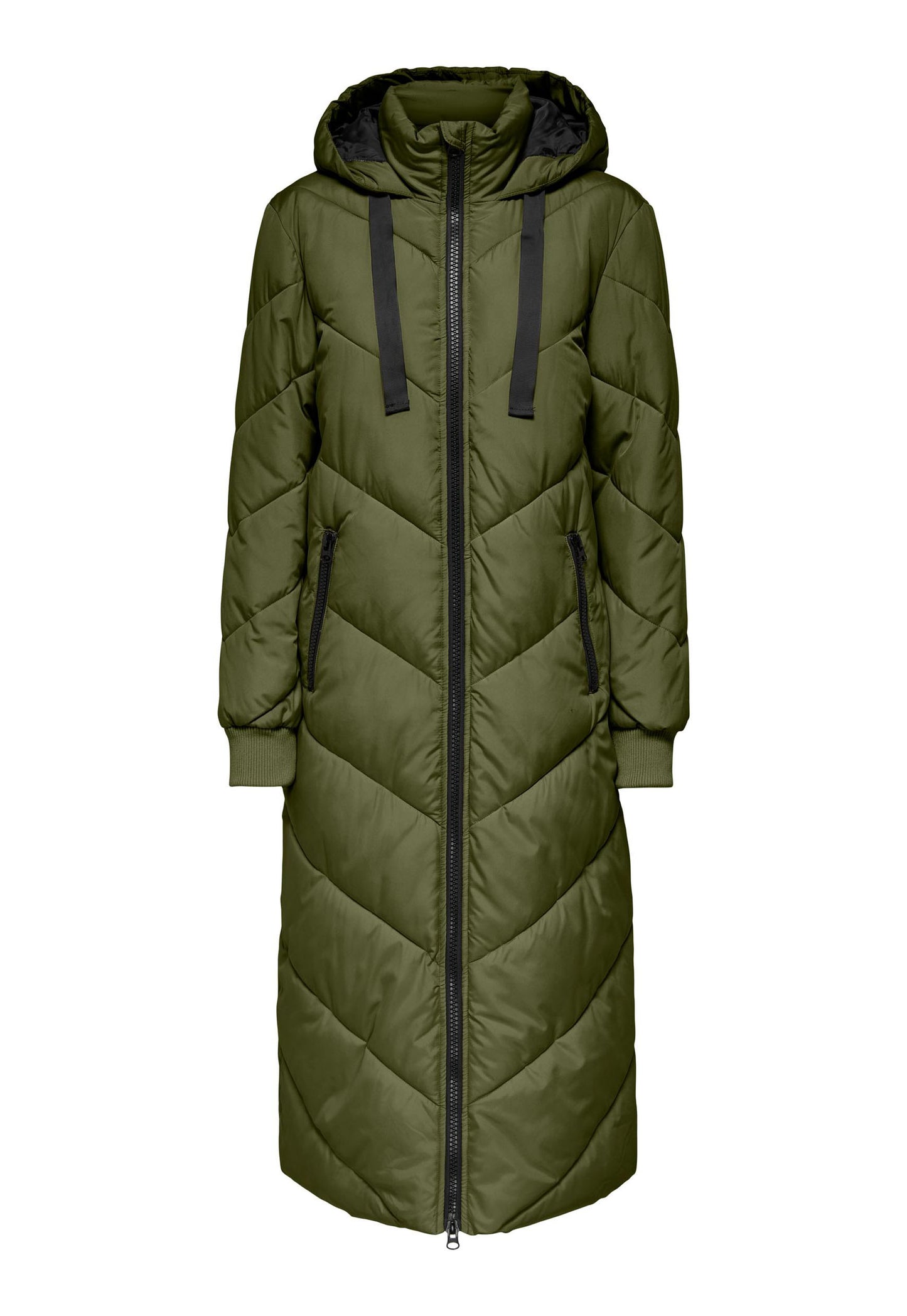 
                  
                    JDY Maxi Skylar Chevron Quilted Hooded Puffer Coat i Khaki Green - One Nation-kläder
                  
                
