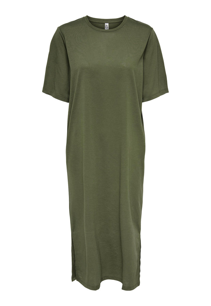 
                  
                    JDY Lila Midi T-shirt Dress with Side Splits in Khaki Green - One Nation Clothing
                  
                