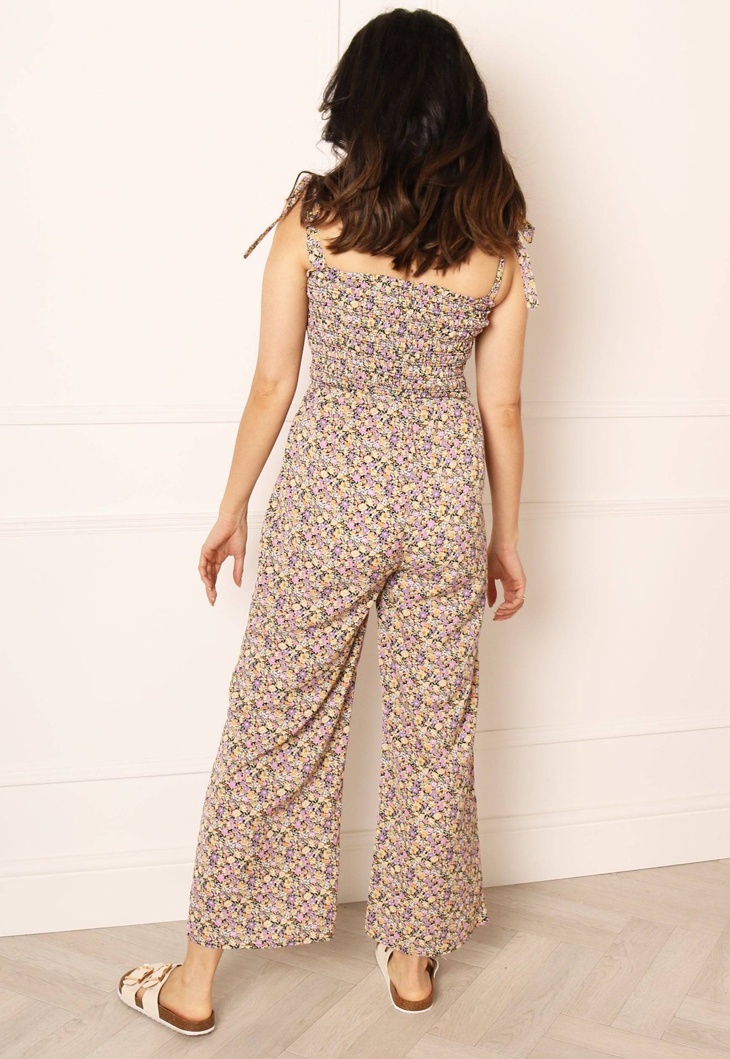 
                  
                    Floral Shirred Tie Shoulder Culotte Jumpsuit in Multi - One Nation Clothing
                  
                