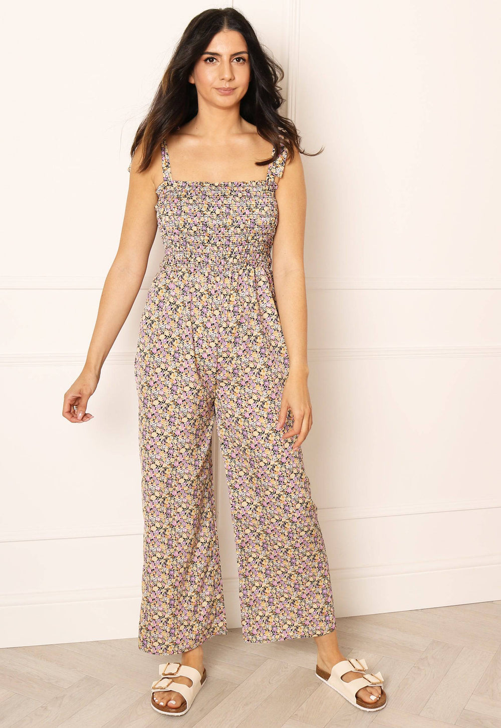 Floral Shirred Tie Shoulder Culotte Jumpsuit in Multi - One Nation Clothing