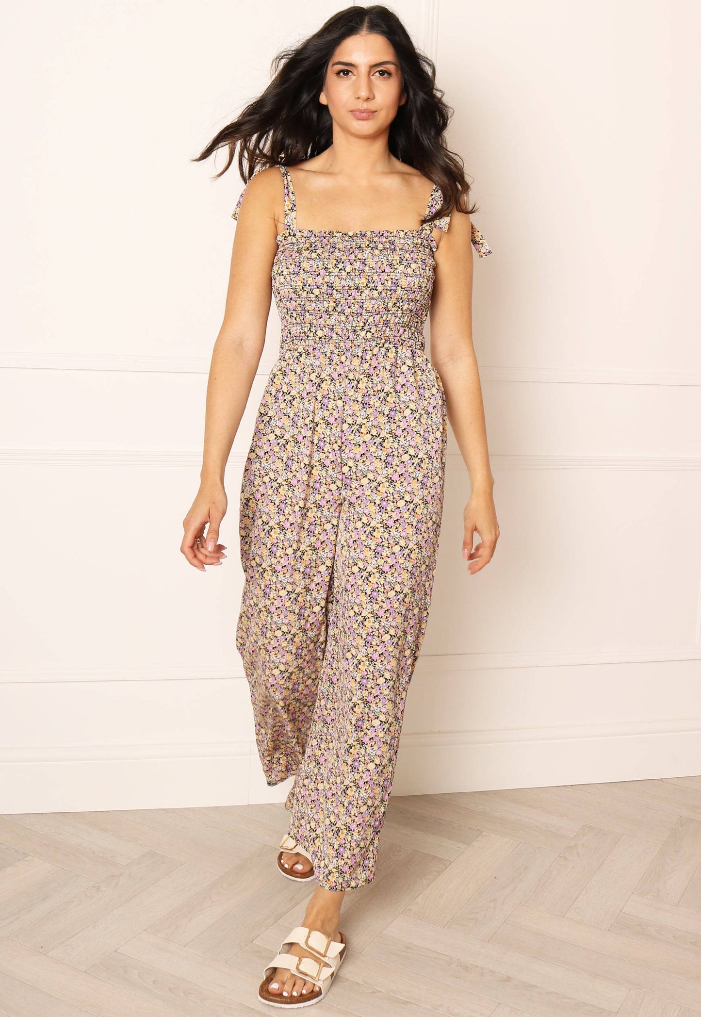 
                  
                    Floral Shirred Tie Shoulder Culotte Jumpsuit in Multi - One Nation Clothing
                  
                