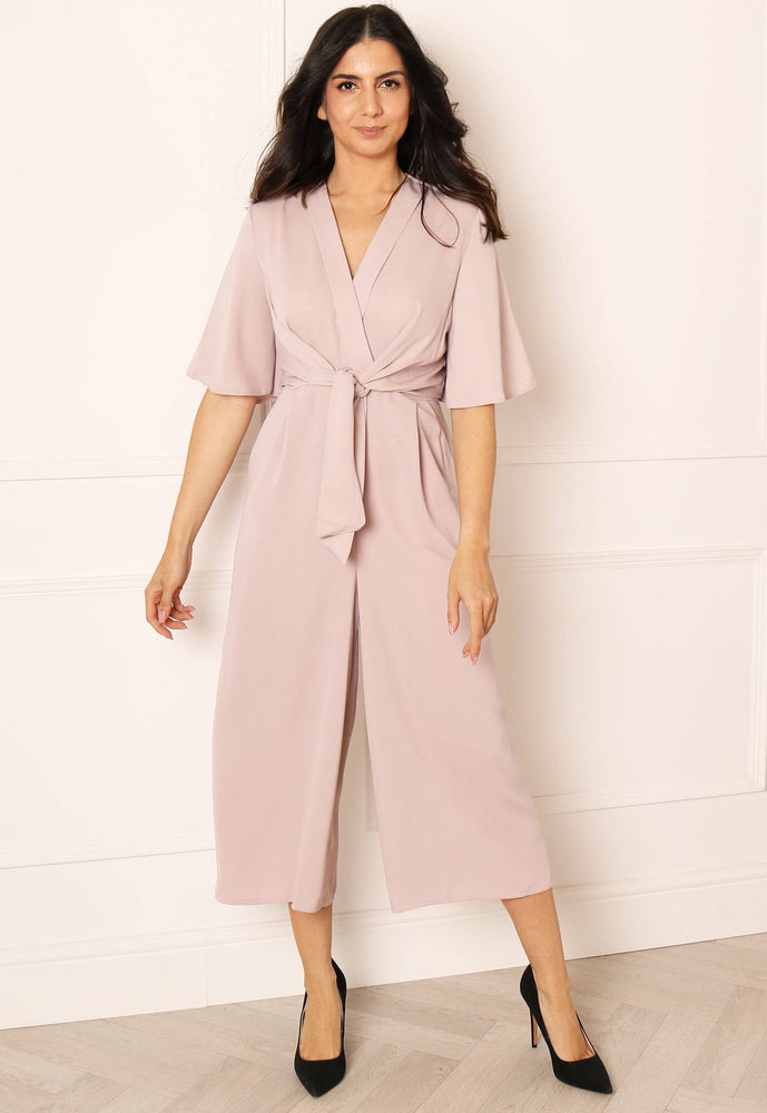 Kimono Sleeve Knot Culotte Jumpsuit in Dusky Pink - One Nation Clothing