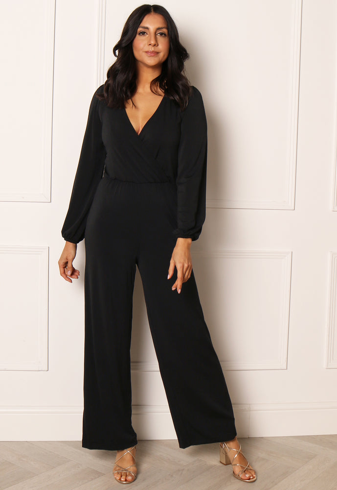ONLY Reba Long Sleeve Wide Leg Wrap Jumpsuit in Black - One Nation Clothing