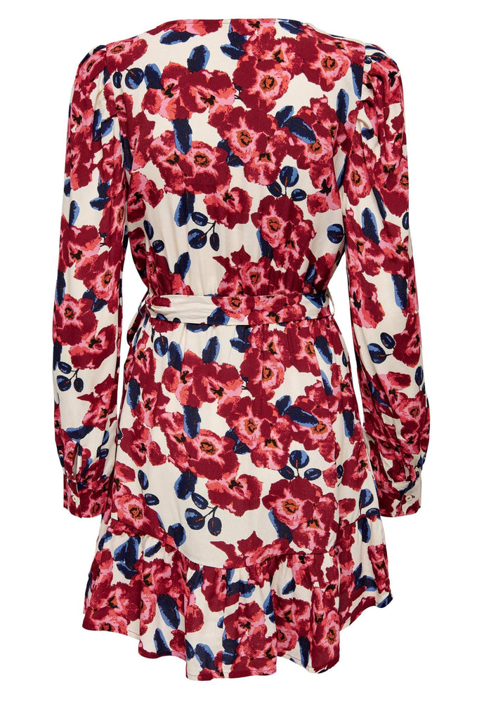 
                  
                    JDY True Floral Long Sleeve Mini Frill Wrap Dress in Red & Pink Tones - One Nation Clothing
                  
                