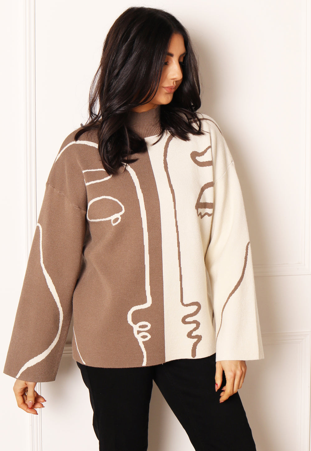 VILA Mee Abstract Faces Two Tone Jumper with Turtle Neck in Cream & Mocha - One Nation Clothing