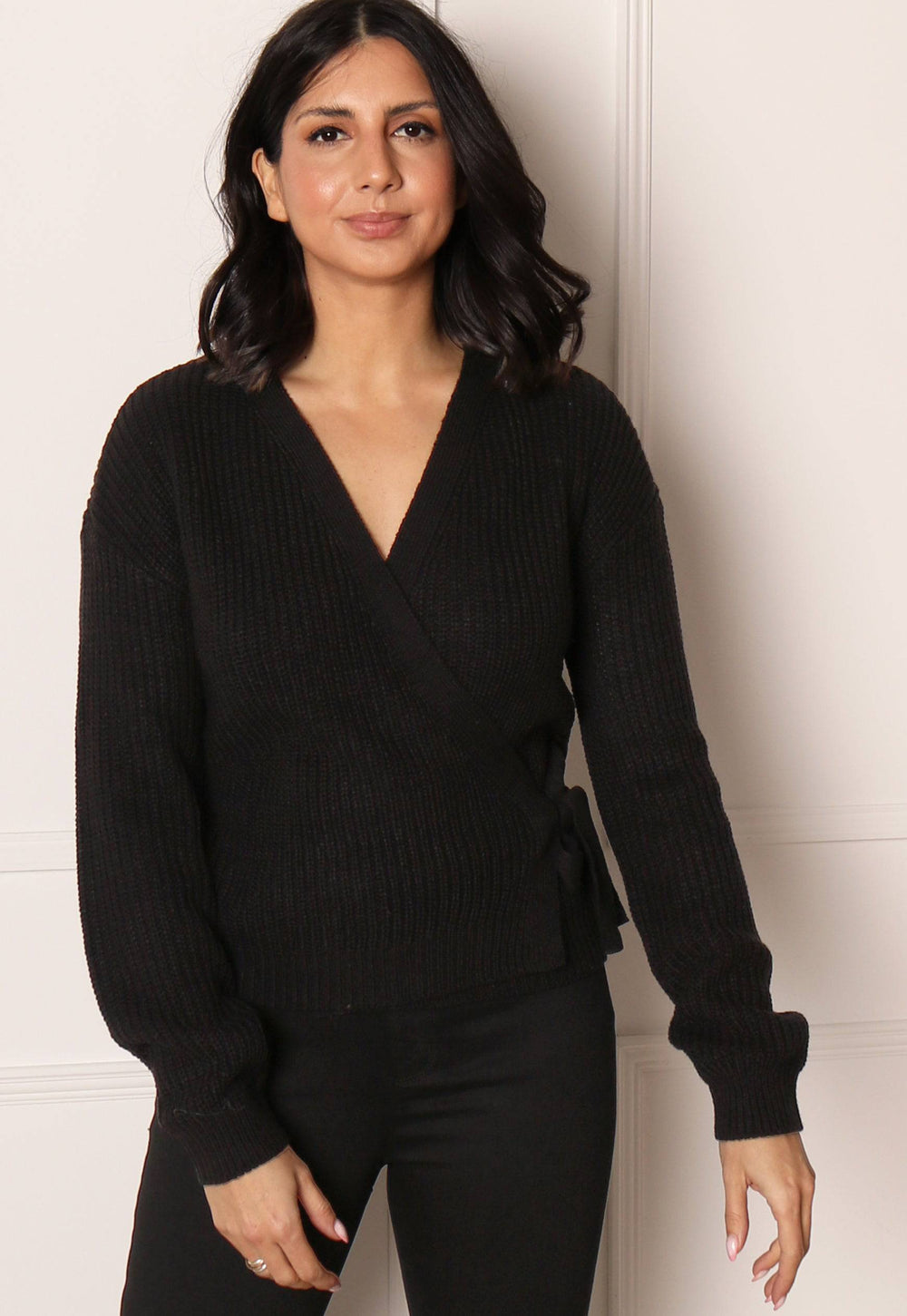VERO MODA Lea Chunky Knit Wrap Over Cardigan in Black - One Nation Clothing