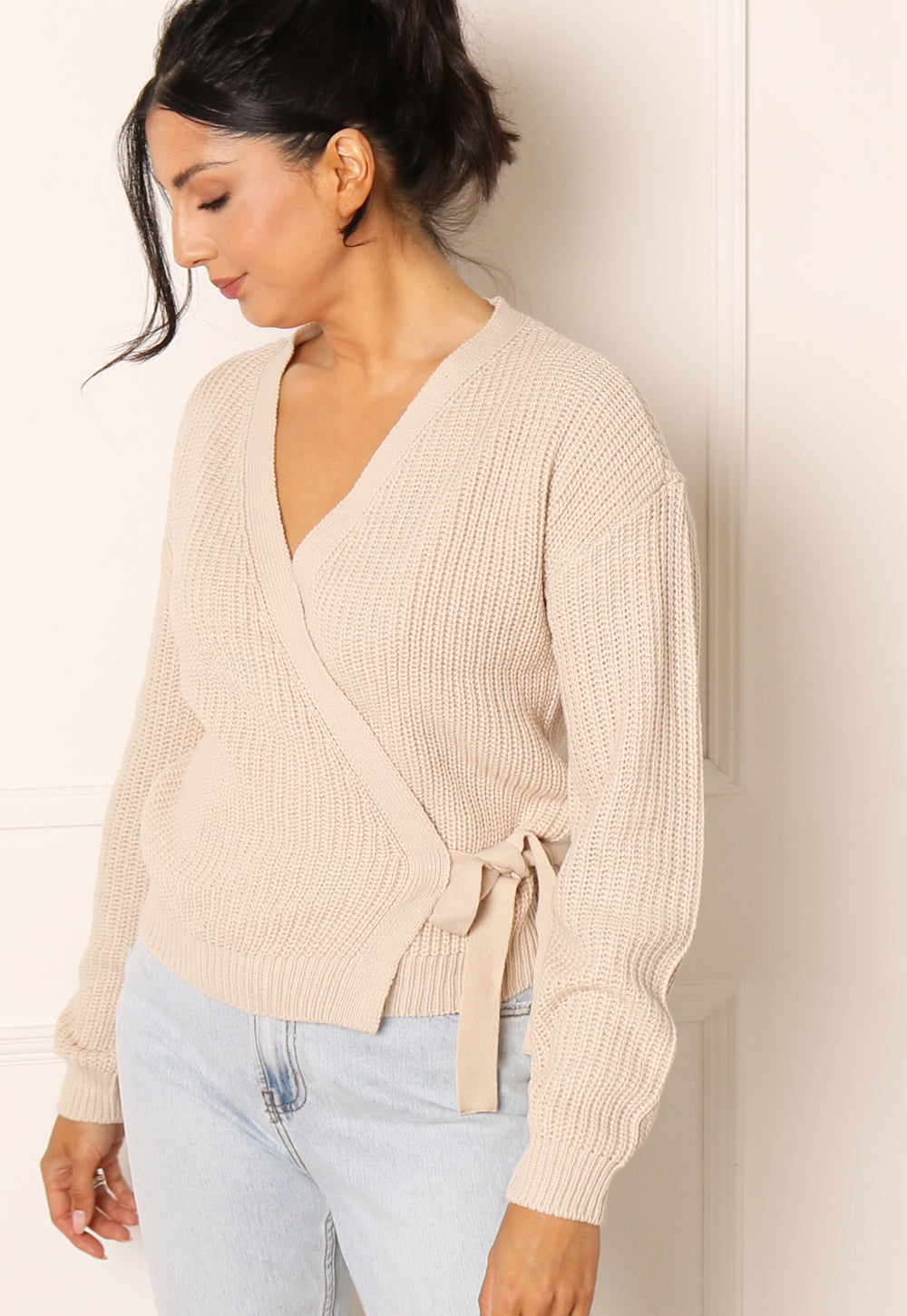 VERO MODA Lea Chunky Knit Wrap Over Cardigan in Soft Beige - One Nation Clothing